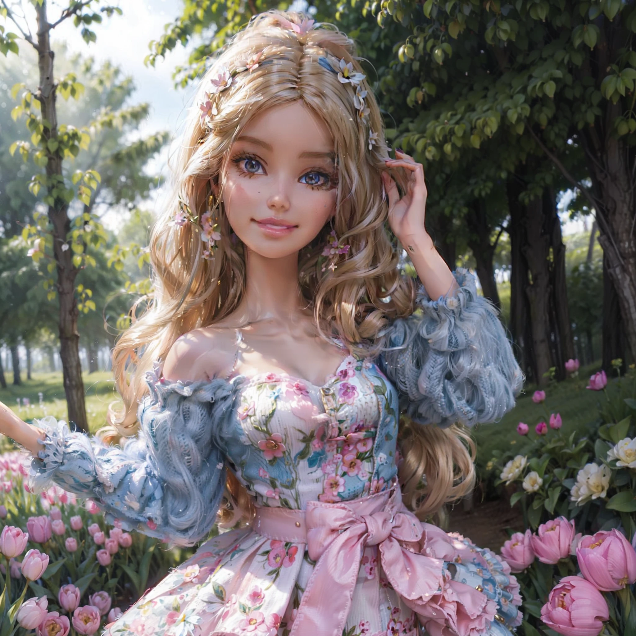 Barbie taking a selfie at a tulip plantation, different lines of colourful tulip flowers, forest as background, spring day, sunny day, highly detailed. Photorealistic.