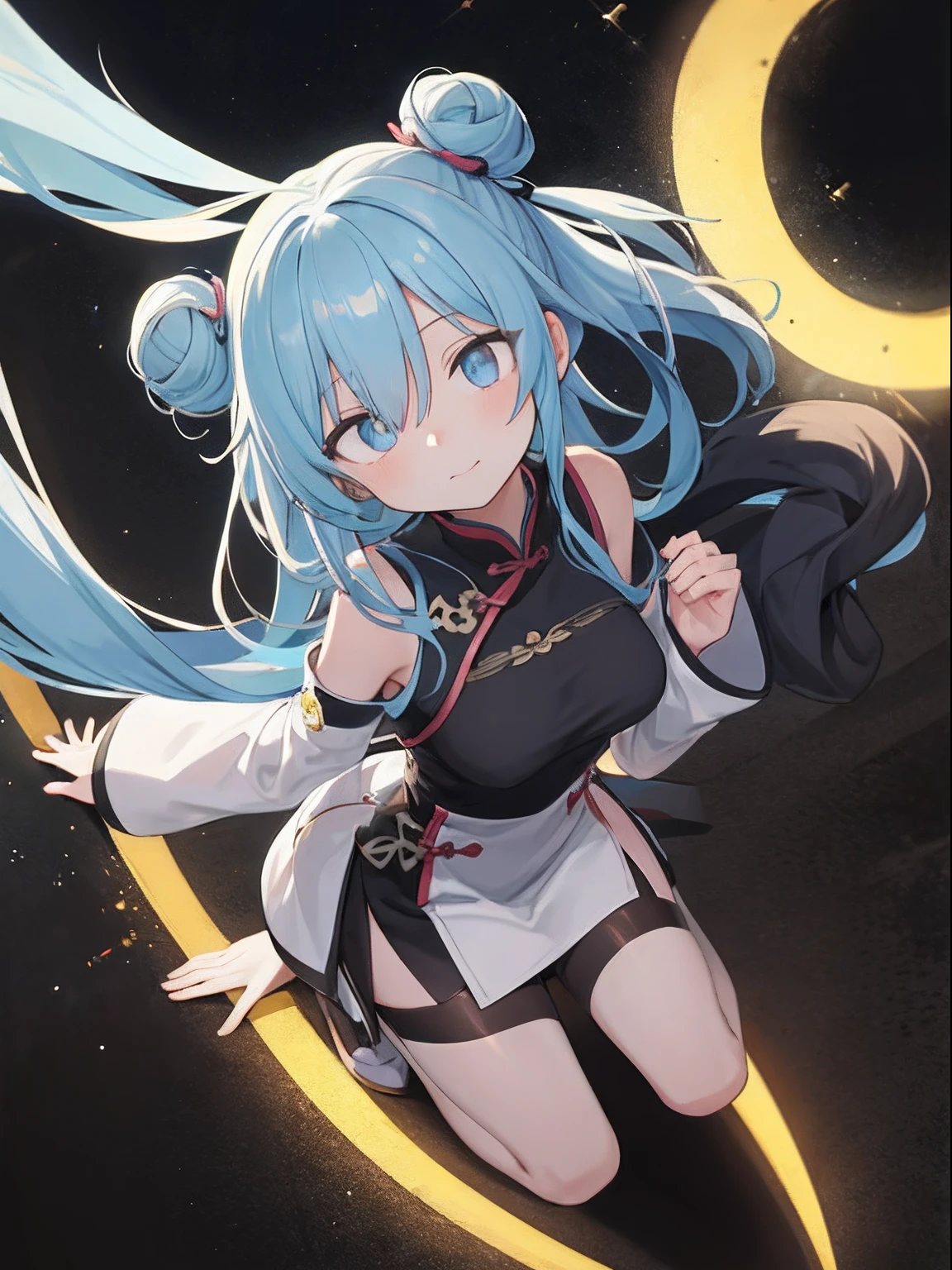 (masutepiece, Best Quality, hight resolution:1.2), 1girl in, medium breasts, slim, Yuri, Night, (Dark lighting:1.4), apartament, side lights, Double bun, Light blue hair, Long bangs, hair over eyes, Blue eyes, (Empty eyes:1.3), shushing, qipao dress, Wide sleeves, lightsmile, Closed mouth, straight-on, Full body, Look outside