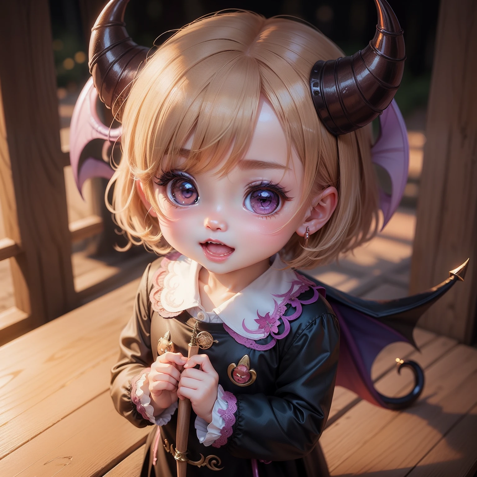 Cute Chibi Anime,Super masterpiece, top-quality, Ultra-detailed, girl1、(((Chibi Devil)))、Beige Shorthair、Open your mouth and smile、Luxurious embroidered suit in black and purple、With a sickle with a long handle、Fairytale Autumn Forest、
