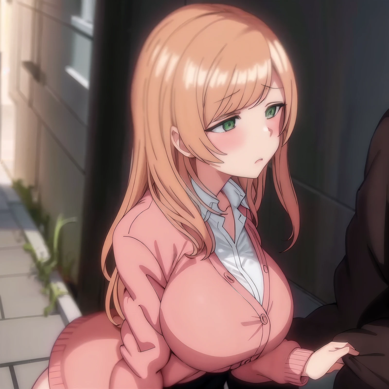 8k, HDR , from front, upper body, focused chest and face,sanada_minakov, blonde hair, long hair, pink cardigan, dark city alley, green eyes, ((large breasts)), huge breasts, masterpiece, best quality