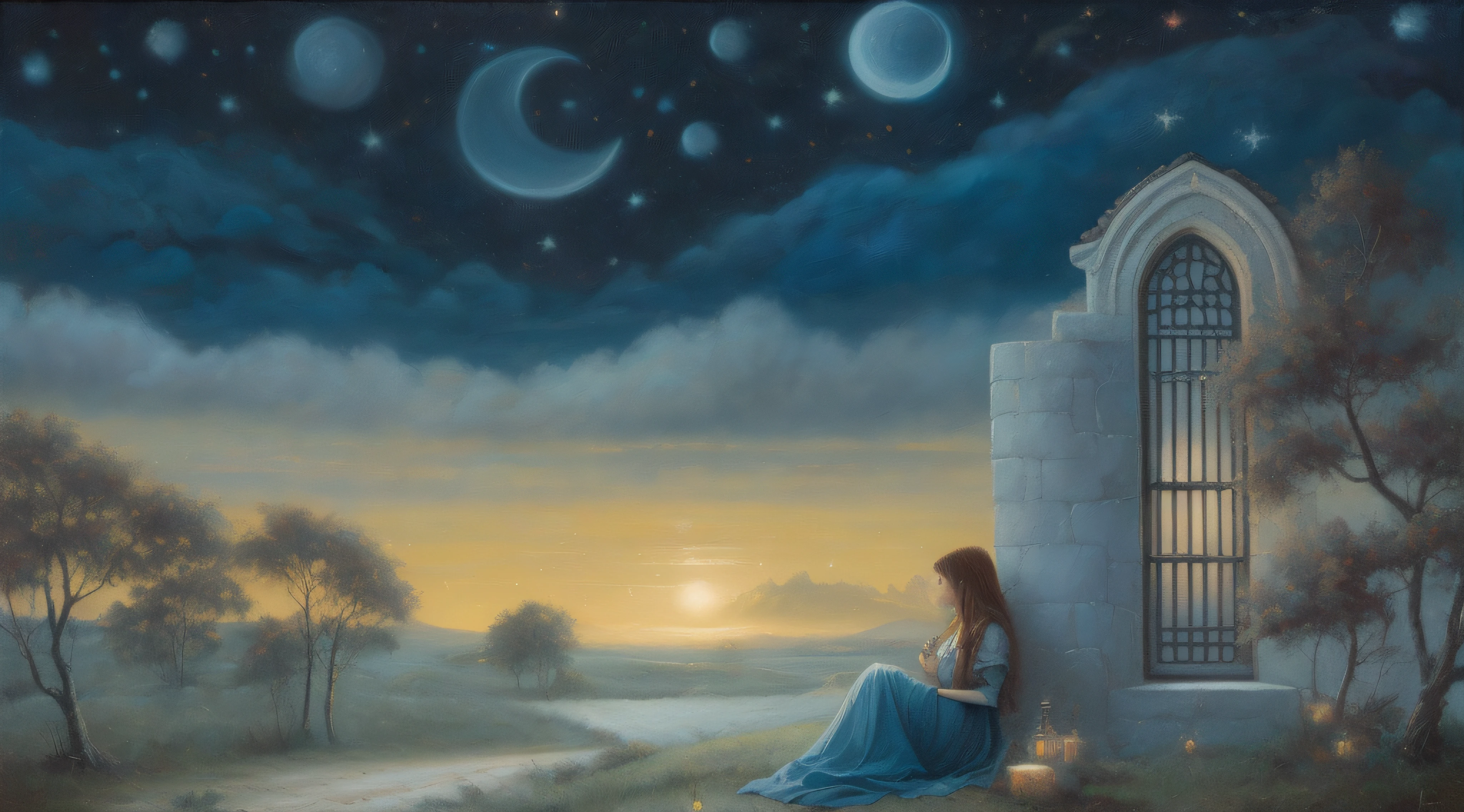 Painting of a woman sitting on a wall looking up at the night sky, Painting of a dreamlike landscape, magic realism painting, Mystic oil on linen, Fantasy oil painting, inspirado em Christophe Vacher, Pintura realista de fantasia, Directed by: Bridget Bate Tichenor, pintura barroca. sky illuminated by stars, inspirado em Ruth Sanderson, Directed by: Christophe Vacher, rob mcnaughton