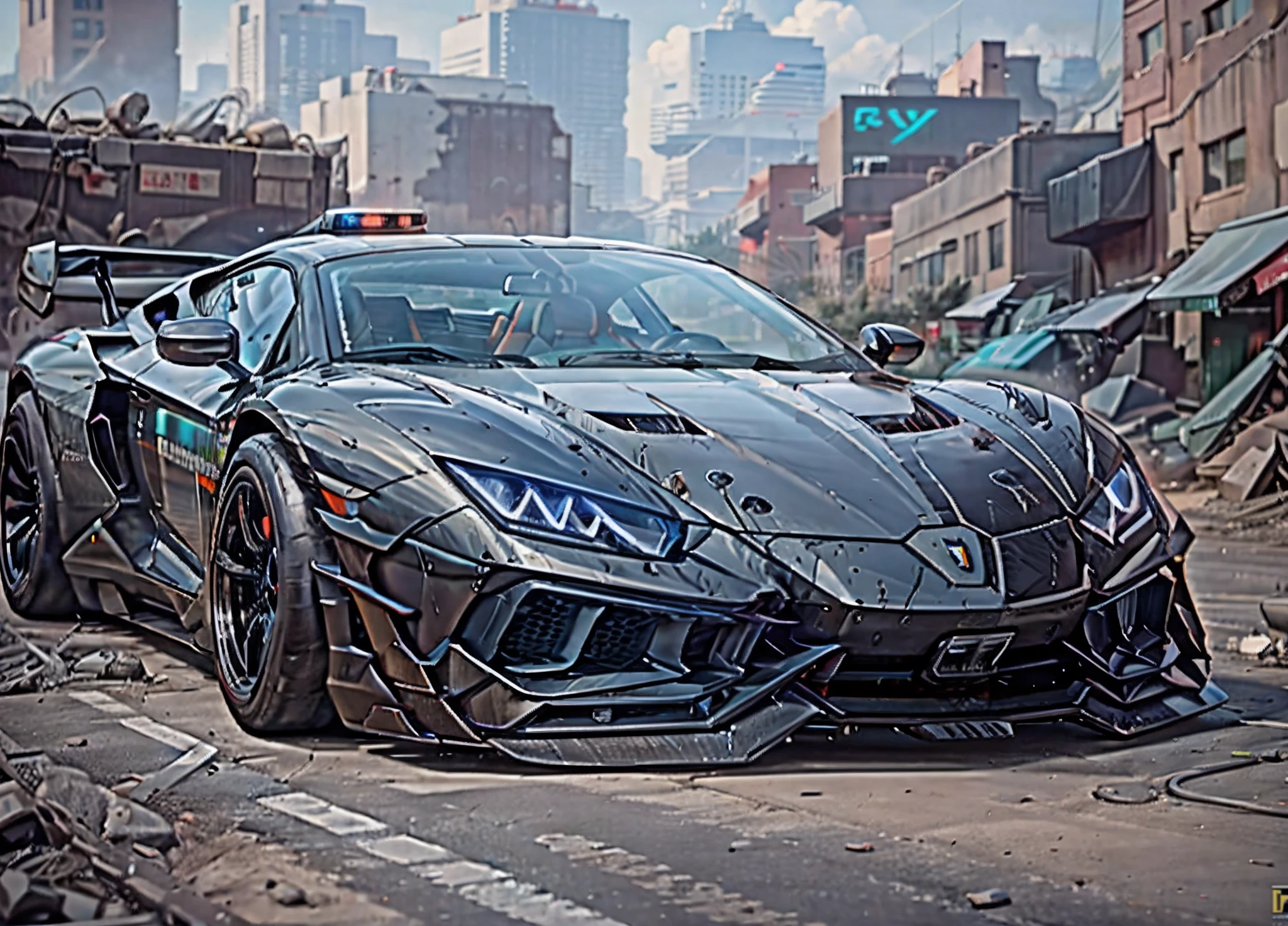Lamborghini police, 4k, HDR, renderizado, obra-prima, ray tracing, Cyberpunk Scenario, carro preto, Batmobile, Neon light, deriva, carbono, futurista, Neon light