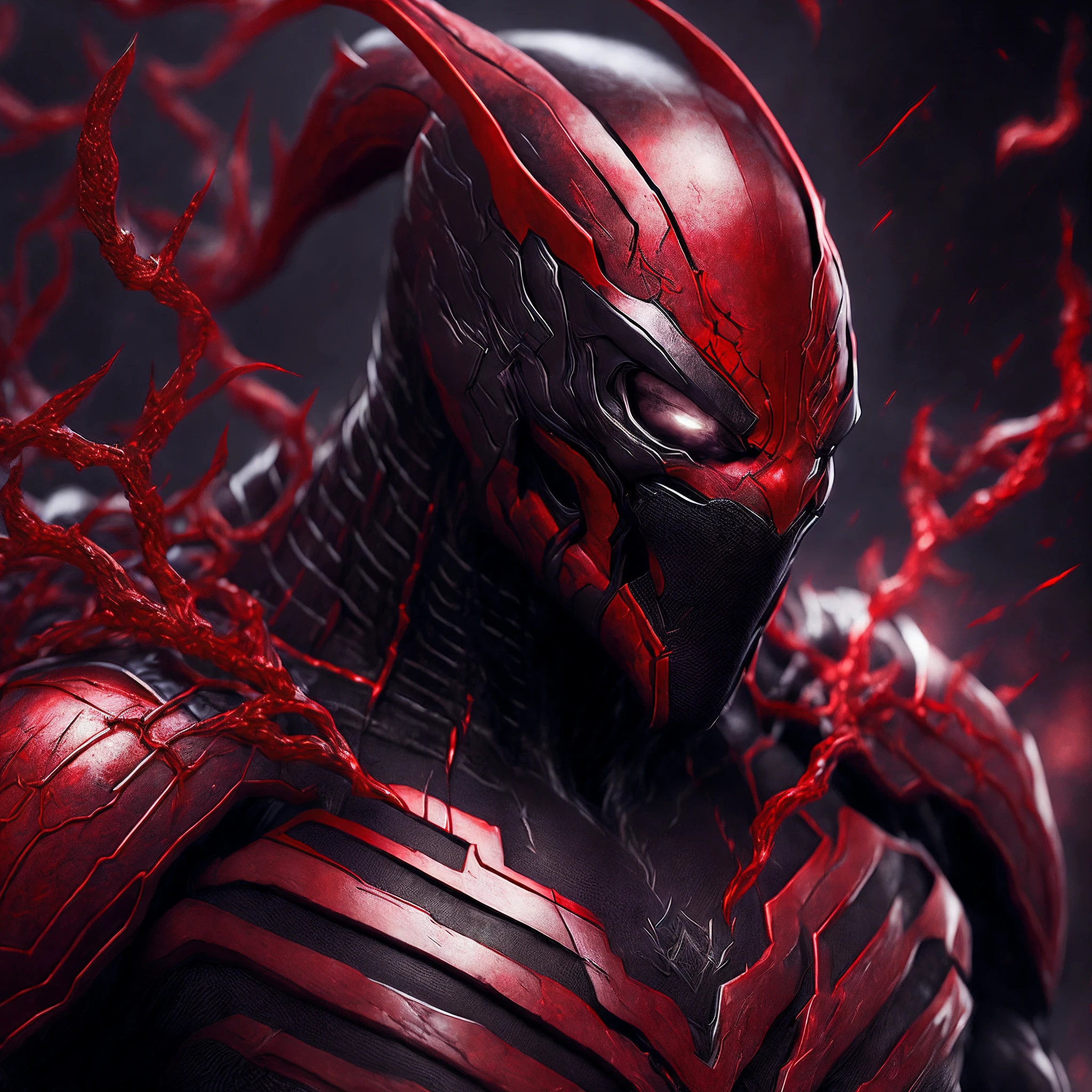 Close-up ( red Venom from Marvel in Goth style: 1.3) emerging from red black widow venom, extremely detailed, smoke, sparks, metal shavings, flying debris, volumetric light