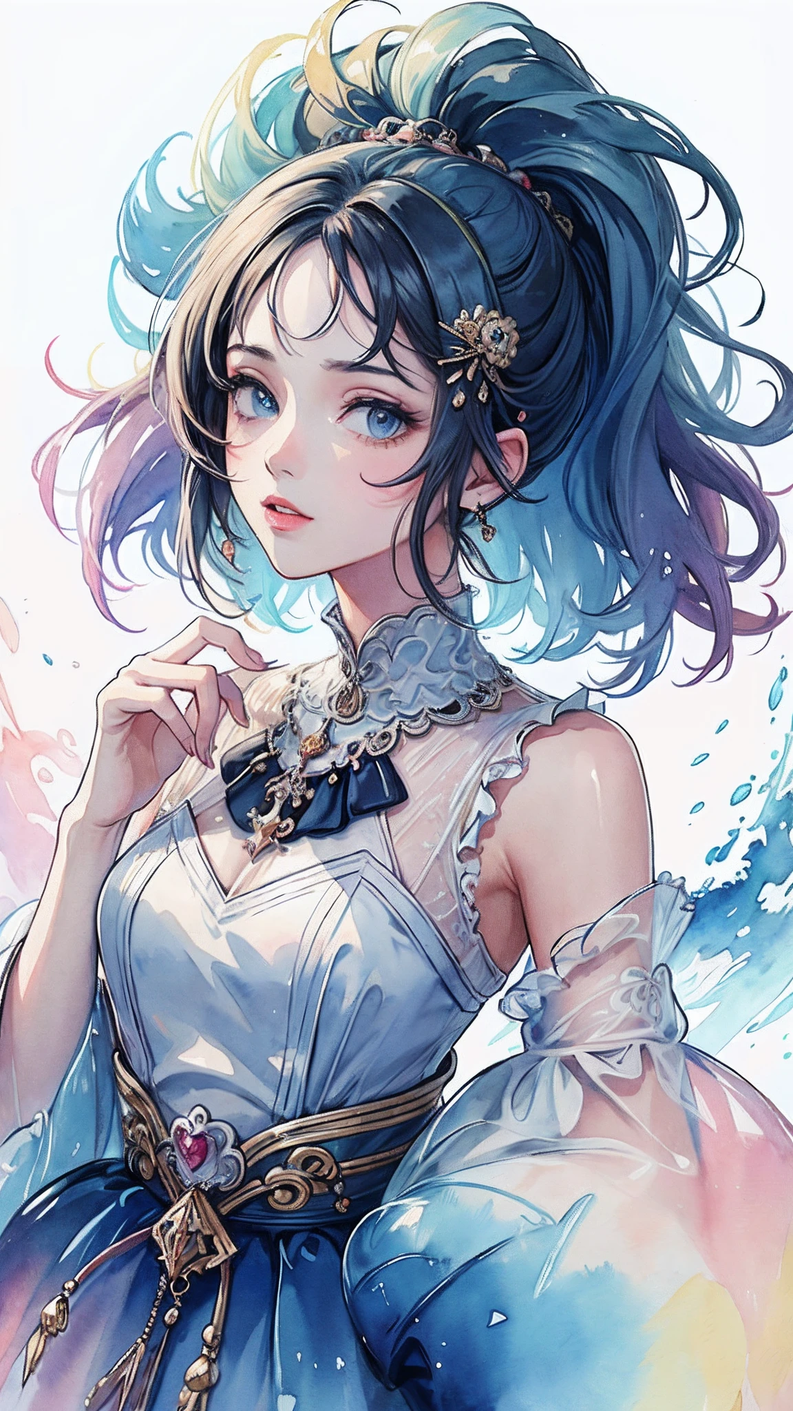 (masterpiece, top quality, best quality, official art, beautiful and aesthetic:1.2), (1girl:1.3), extreme detailed,colorful,highest detailed,(watercolour painting:1.3), optical mixing, playful patterns, lively texture, rich colors, unique visual effect