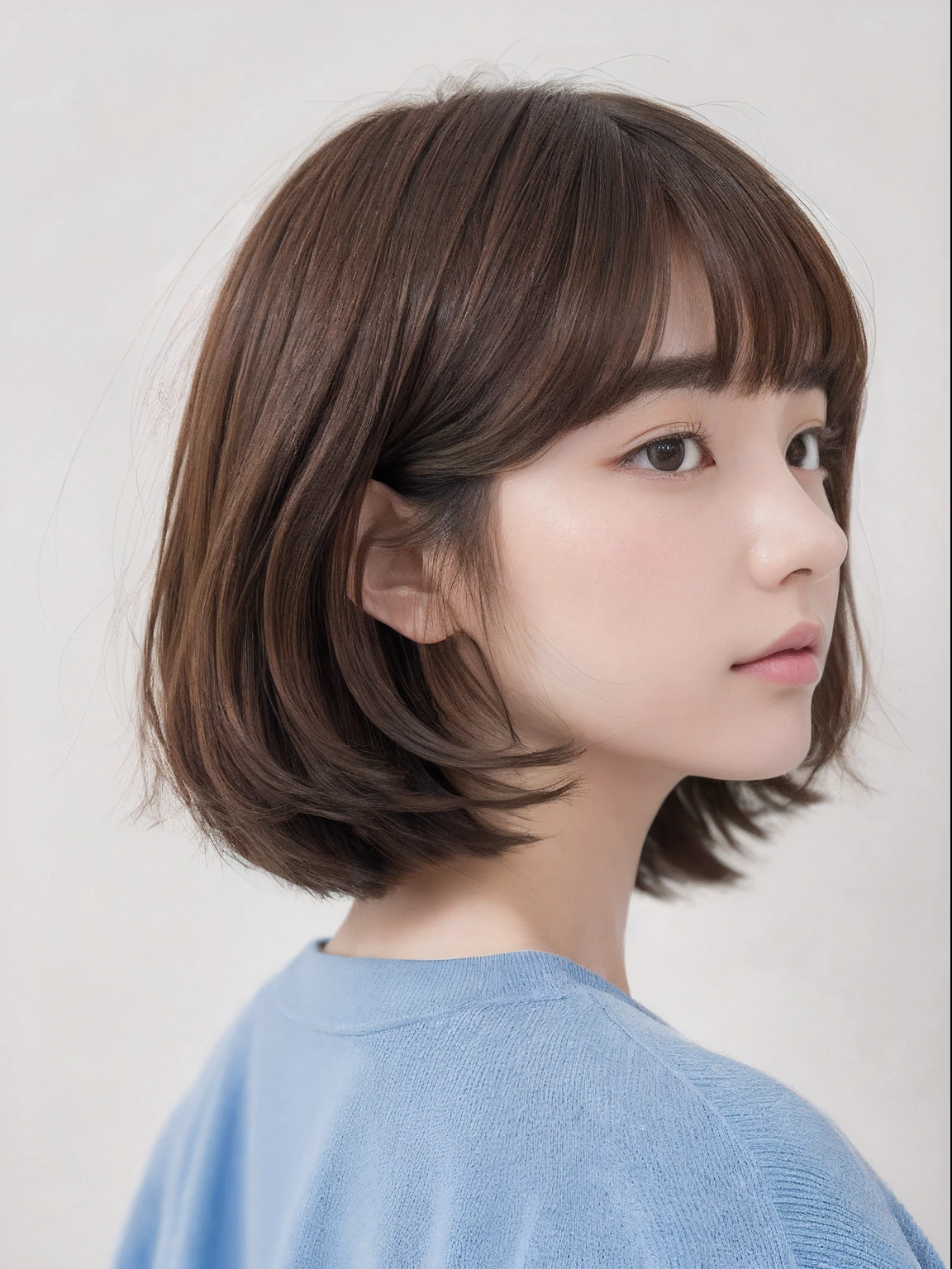 top-quality、masterpiece、hight resolution、1girl in、独奏、Raw photo、Real person、Detailed skin、japanes、brown haired、thin bunches of bangs、bob cuts、Rear view、Upper body sweatshirt、White Room、white walls