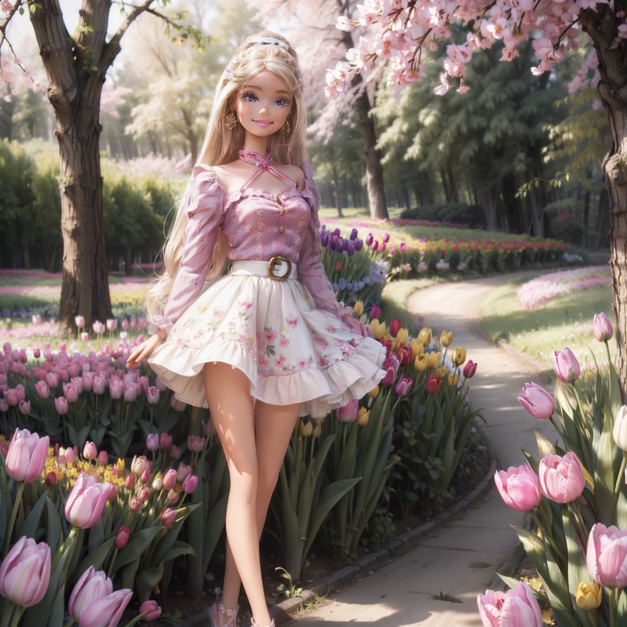 Barbie walking in a tulip plantation, different lines of colourful tulip flowers, forest as background, spring day, sunny day, highly detailed. Photorealistic.