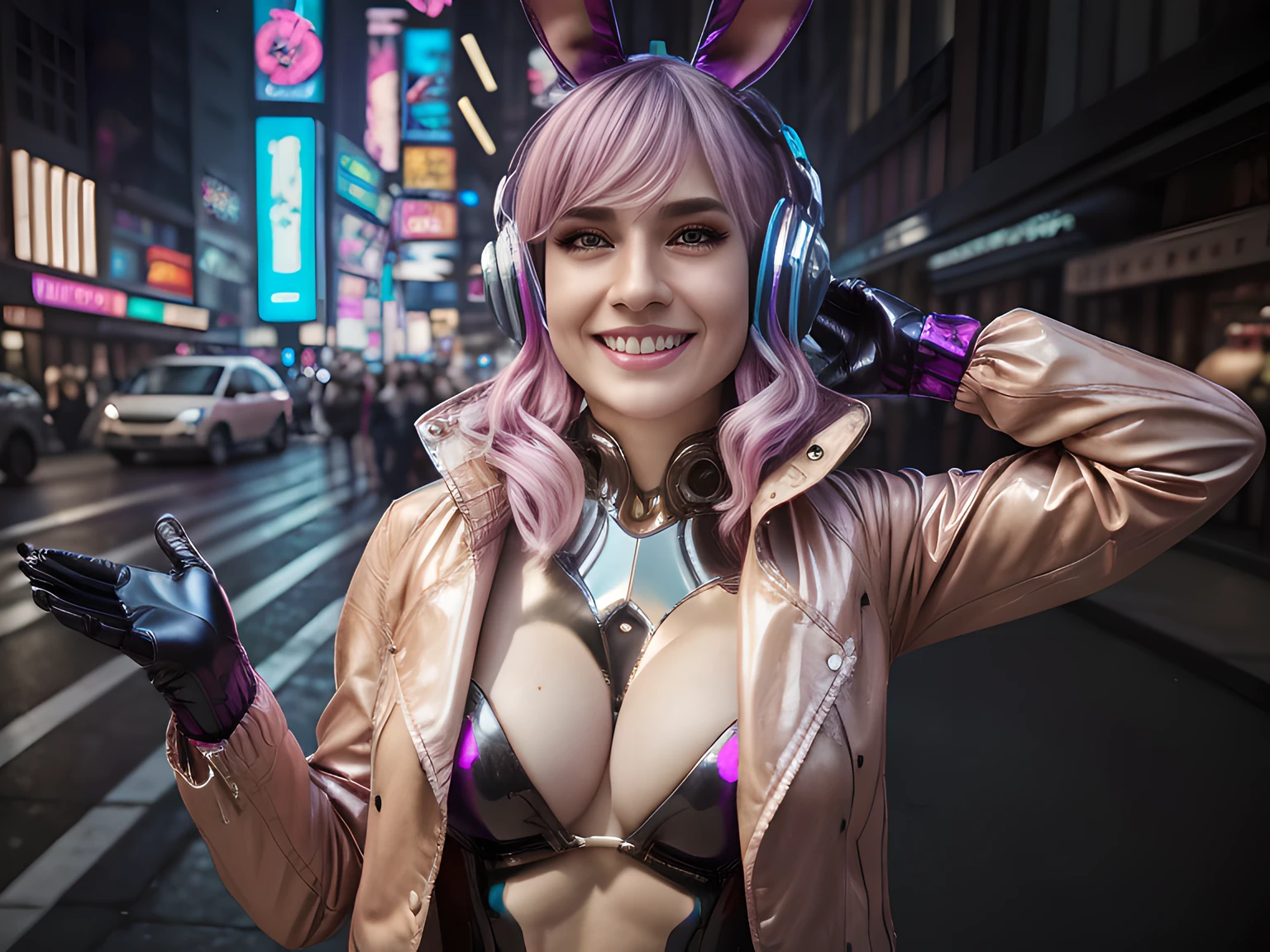 (RAW photo, best quality, masterpiece:1.2), (realistic, photo-realistic:1.4),(masterpiece:1.4),(best quality:1.4),1girl, solo, :d, animal ear headphones, arms up, bangs, blush, bodysuit, breasts, bunny pose, clothes writing, covered navel, cowboy shot, cropped jacket, gloves, (((cyberpunk city streets background))), hair intakes, headphones, impossible bodysuit, impossible clothes, jacket, large breasts, latex, latex bodysuit, long hair, long sleeves, looking at viewer, large breasts, multicolored gloves, open mouth, pink bodysuit, pink eyes, red jacket, shiny clothes, shrug \(clothing\), sidelocks, skin tight, smile, thigh gap, thighs, twintails, very long hair, white gloves, white hair,alice \(nikke\),(shiny skin),realistic.