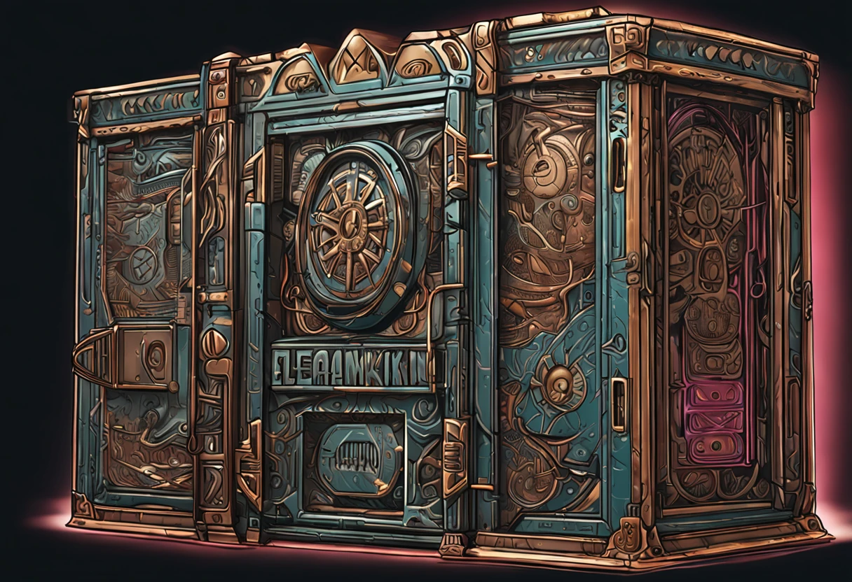 best quality, a stunning artwork of an RPG item box, intricately detailed, (best shadow), elegant, volumetric lighting, runic technology, sci-fi vending machine, artifact jar, vault room, steampunk