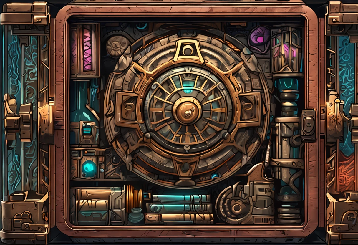 best quality, a stunning artwork of an RPG item box, intricately detailed, (best shadow), elegant, volumetric lighting, runic technology, sci-fi vending machine, artifact jar, vault room, steampunk