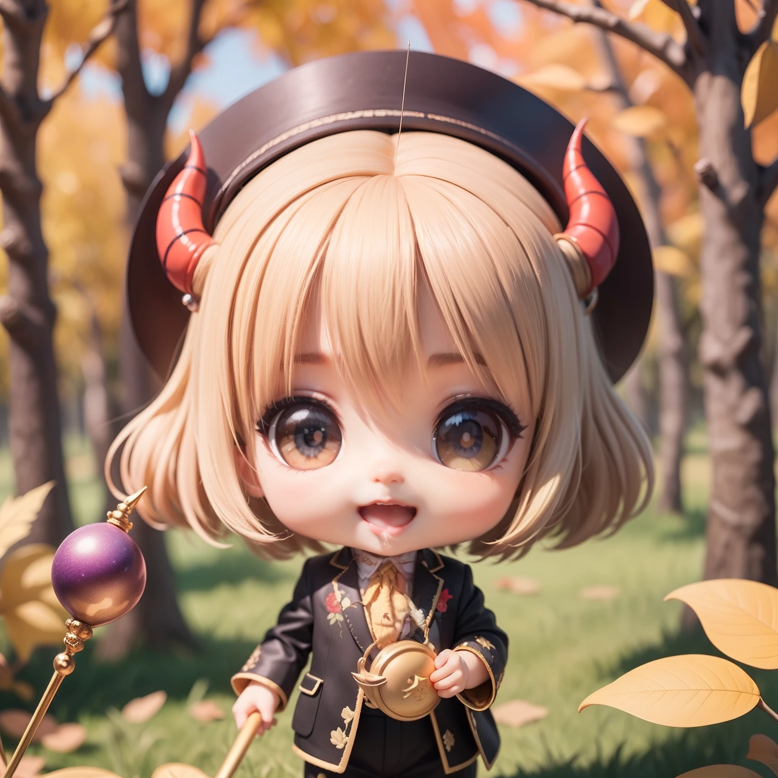 Cute Baby Chibi Anime,Super masterpiece, top-quality, Ultra-detailed, girl1、(((Chibi Devil)))、Beige Shorthair、Open your mouth and smile、A detailed face、Black and purple luxury embroidery suit、Holding a long-handled sickle in his hand、Fairytale autumn forest、