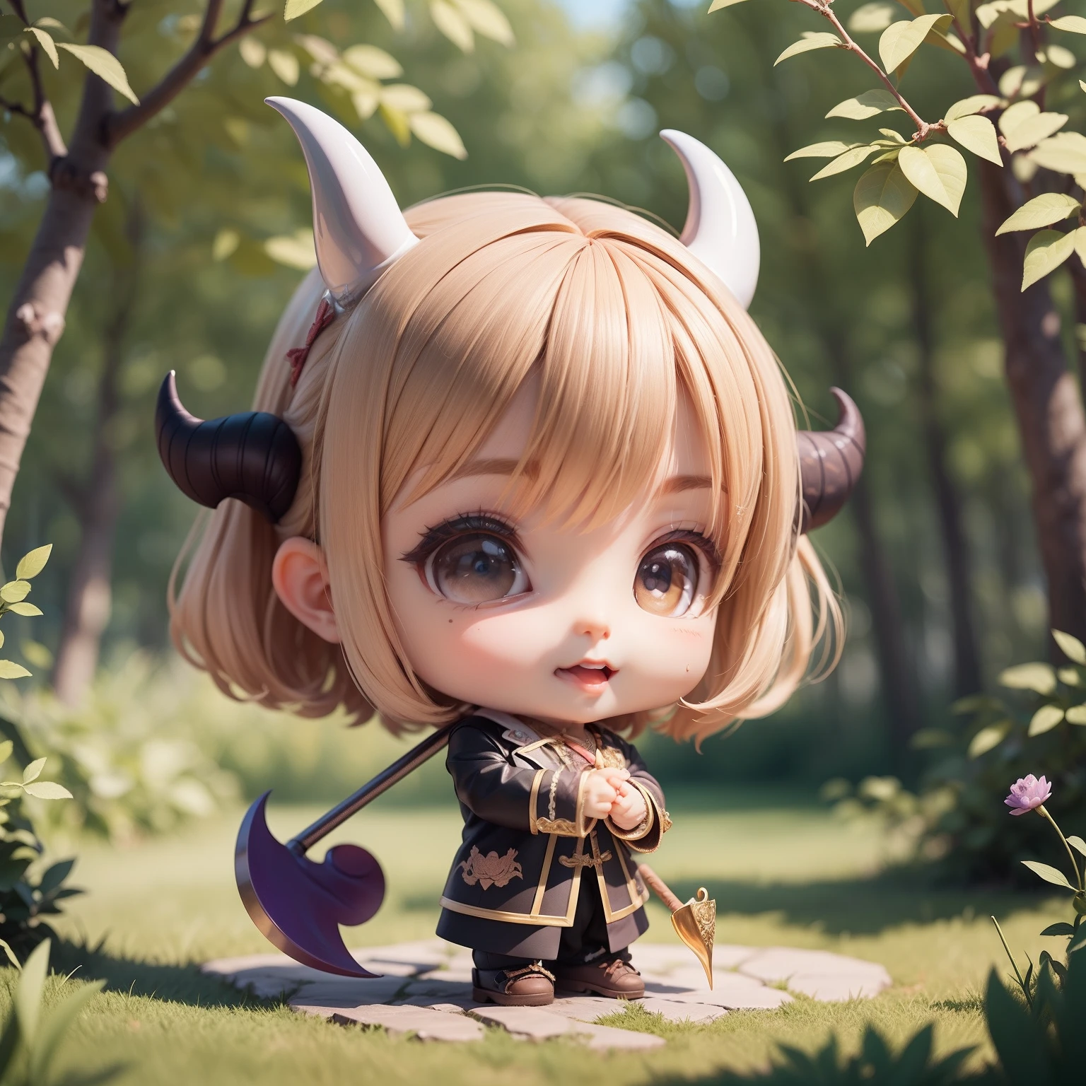 Cute Baby Chibi Anime,Super masterpiece, top-quality, Ultra-detailed, girl1、(((Chibi Devil)))、Beige Shorthair、Open your mouth and smile、A detailed face、Black and purple luxury embroidery suit、Holding a long-handled sickle in his hand、Fairytale autumn forest、