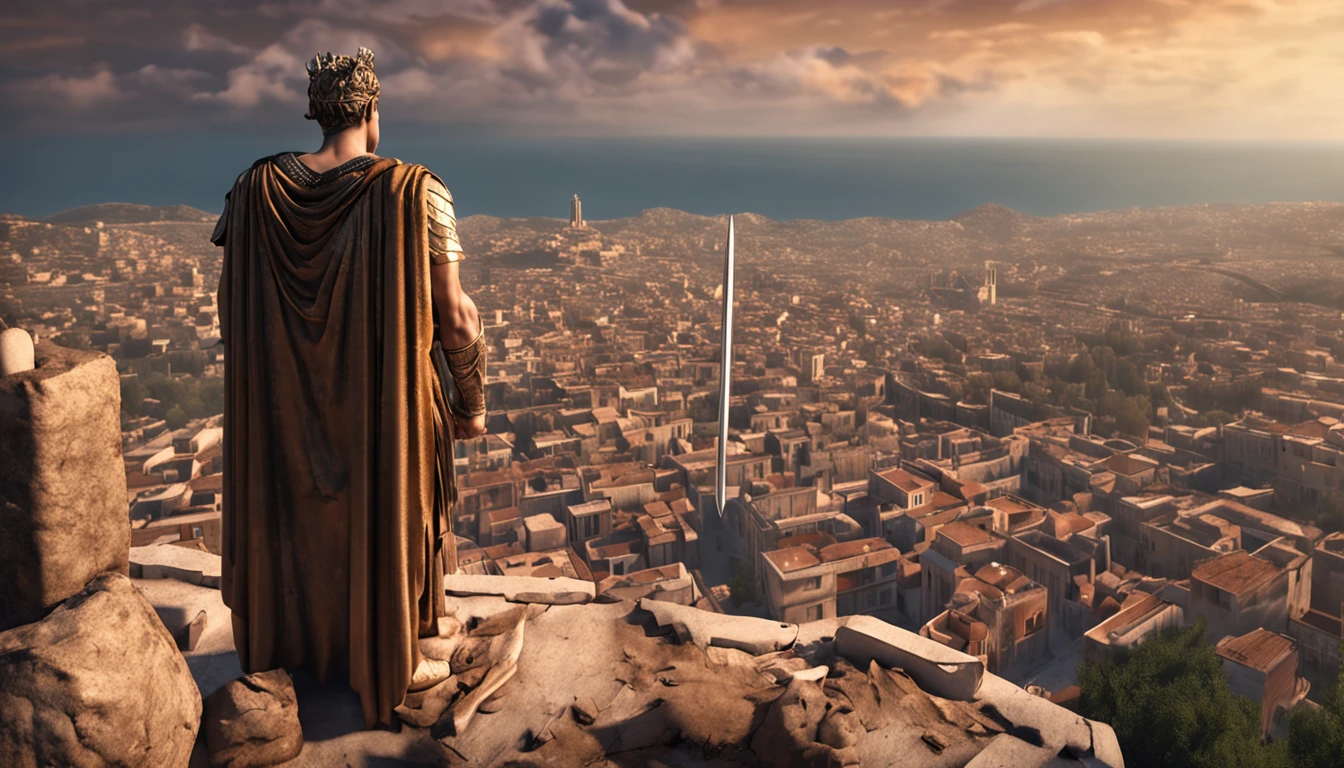 A triumphant Theseus stands atop a pile of rubble, his sword held aloft in victory, the city of Athens behind him in the distance.