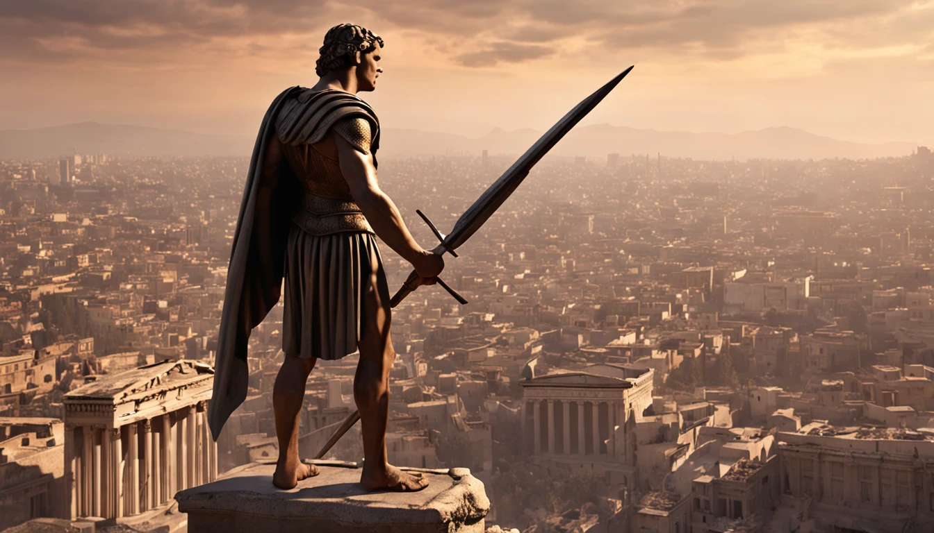 A triumphant Theseus stands atop a pile of rubble, his sword held aloft in victory, the city of Athens behind him in the distance.