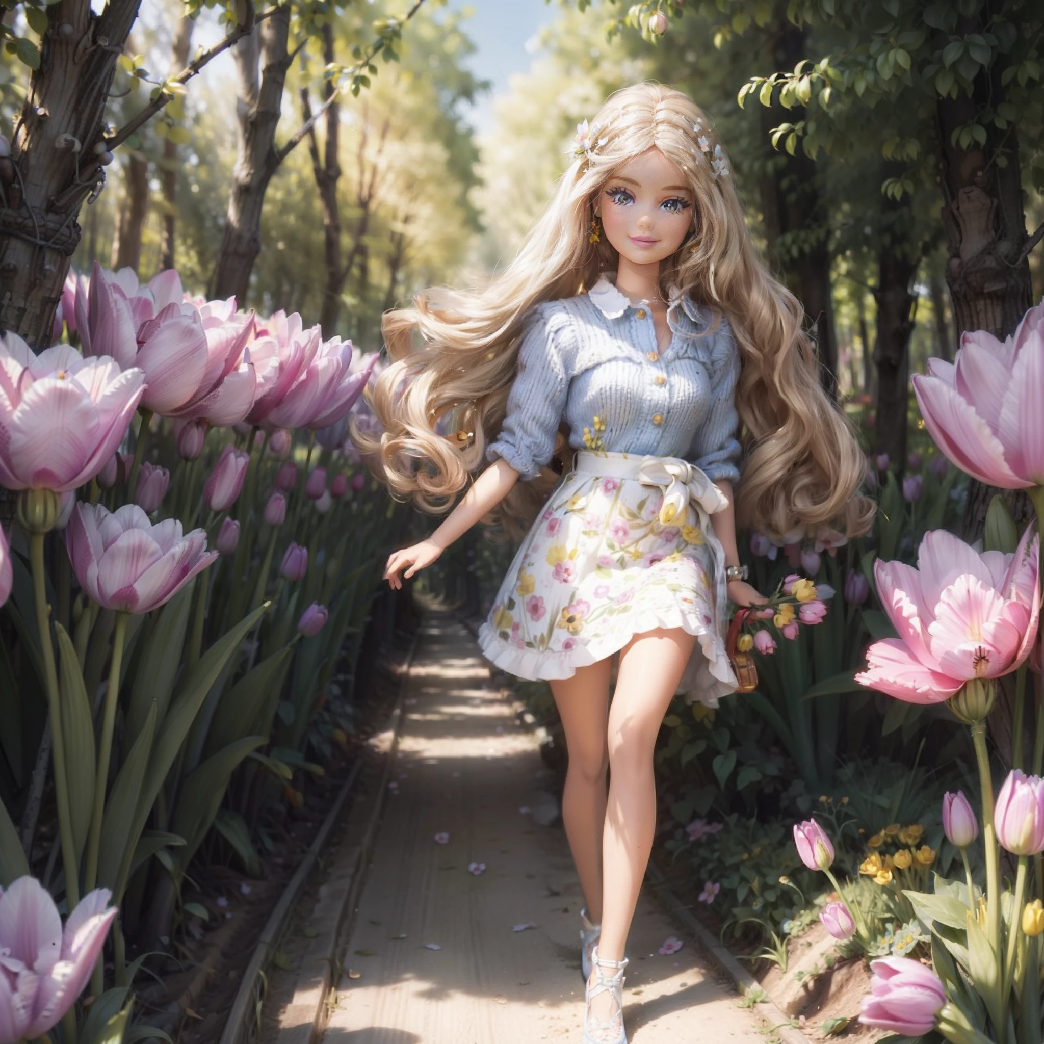 Barbie walking in a tulip plantation, different lines of colourful tulip flowers, forest as background, spring day, sunny day, highly detailed. Photorealistic.