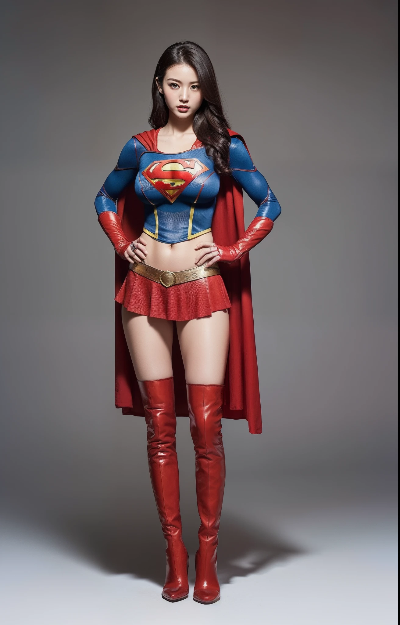 (((Make the most of the original image)))、(((Supergirl Costume)))、(((lustrous dark hair)))、(((Suffering)))、(((Feet must necessarily be worn with black tights)))、(((You need to wear red boots)))、((Top image quality、8K))、((top-quality、8K、masterpiece:1.3))、Crisp focus:1.2、Beautiful woman with perfect body shape:1.4、Slender Abs:1.2、((layers-Cut、large boob:1.2))、a wet body:1.5、Highly detailed facial and skin texture、