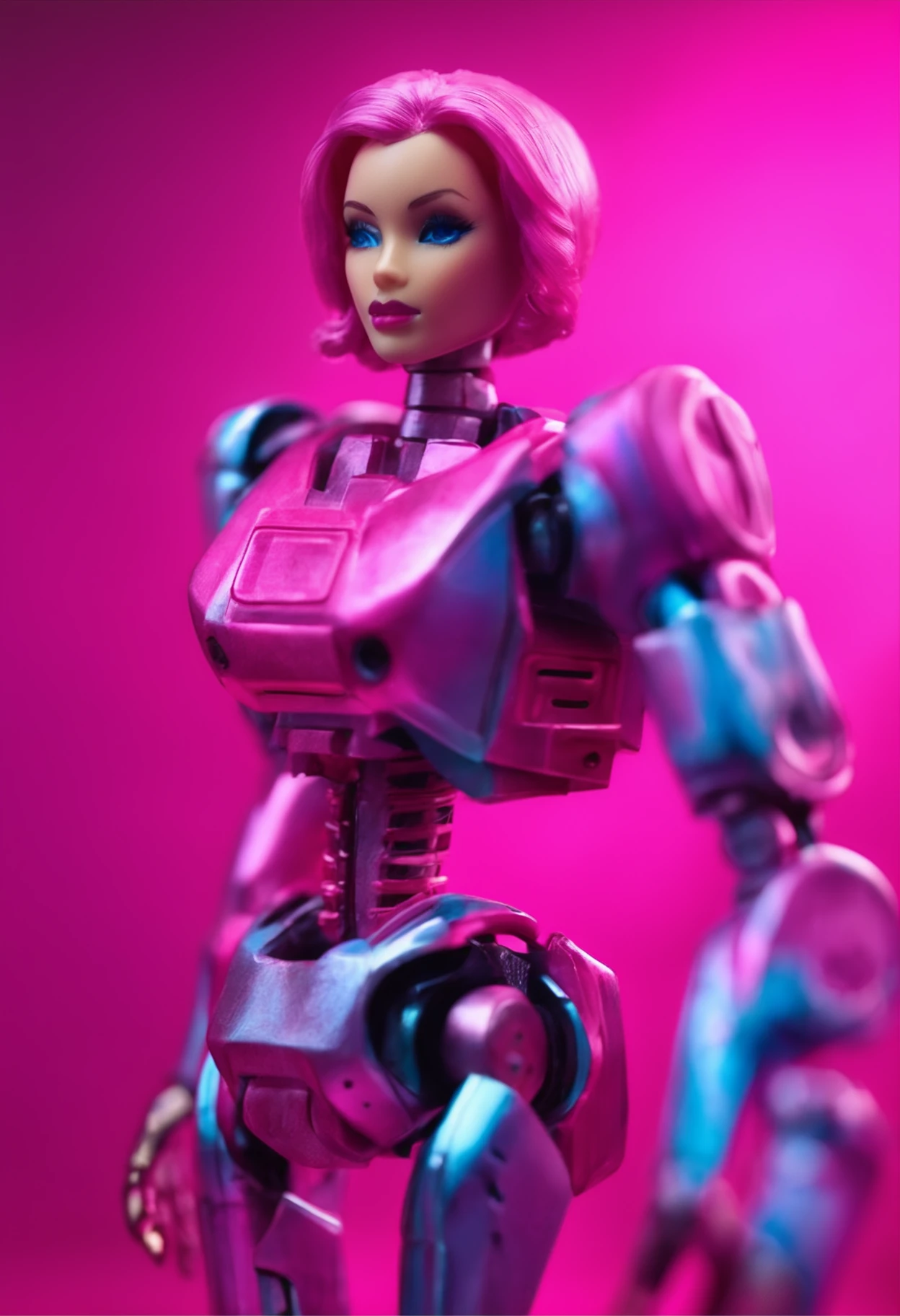 A photo of a Barbie robot, pink, plastic doll, action figure