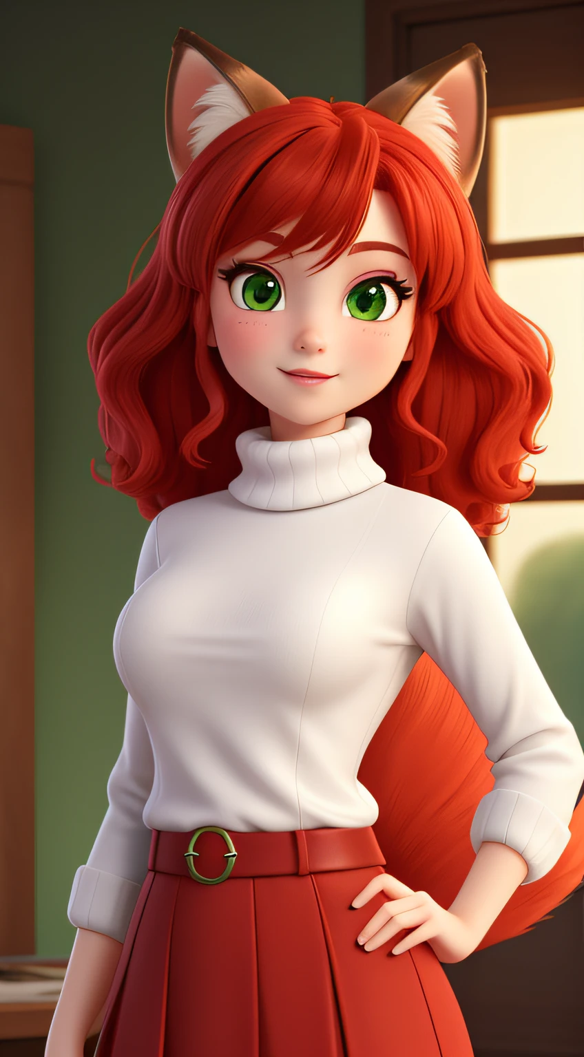 A Fox fantasy woman of 14 years old, with red hair, cute face, boxy face, and green eyes, wearing white turtleneck.