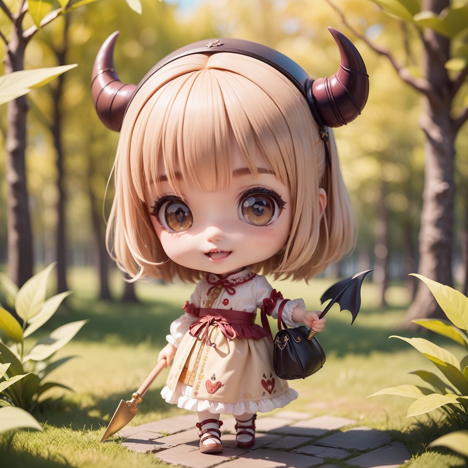 Cute Baby Chibi Anime,Super masterpiece, top-quality, Ultra-detailed, girl1、(((Chibi Devil)))、Beige Shorthair、Open your mouth and smile、A detailed face、Luxury embroidered costume in black and purple、Holding a long-handled sickle in his hand、Fairytale autumn forest、