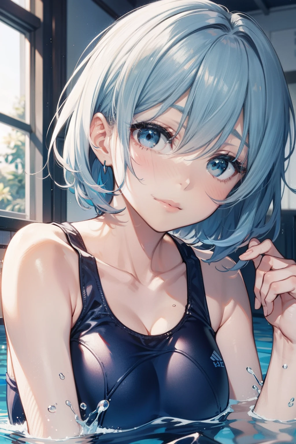 top-quality、Full limbs、complete fingers、Slender beauty、straight haired、short-hair、lightblue hair、School swim wear、Small eyes、Infirmary
