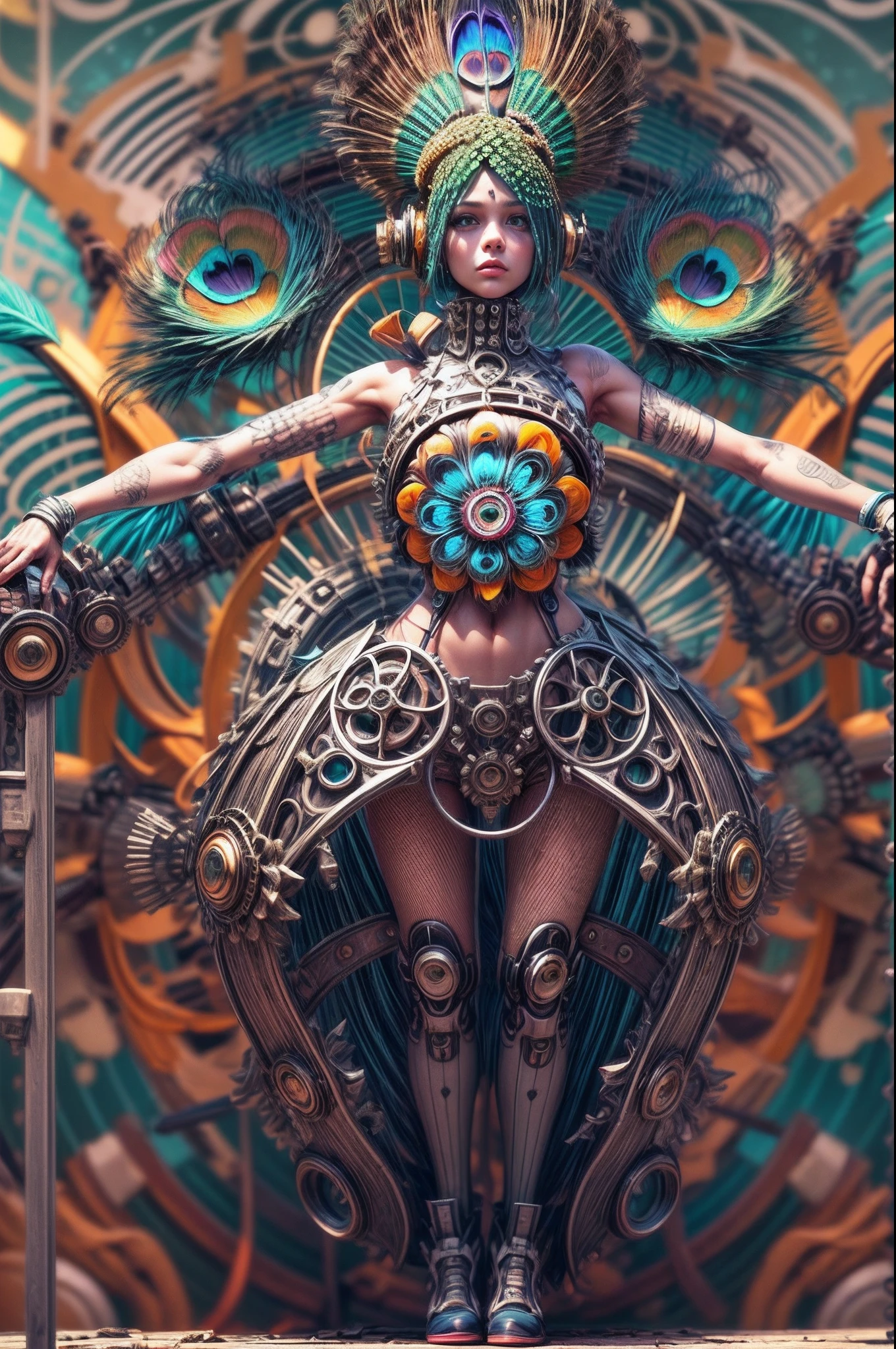 (front view, the whole body perspective, cover as a background with peacock feathers, and the mechanical structure, decoration punk, circular composition, symmetrical composition), a girl's body photography, in the face of lens, stand, solo, mechanical arm, mechanical joints, peacock feathers, ultra modern futurism style, colorful color photography, details, 3 d rendering