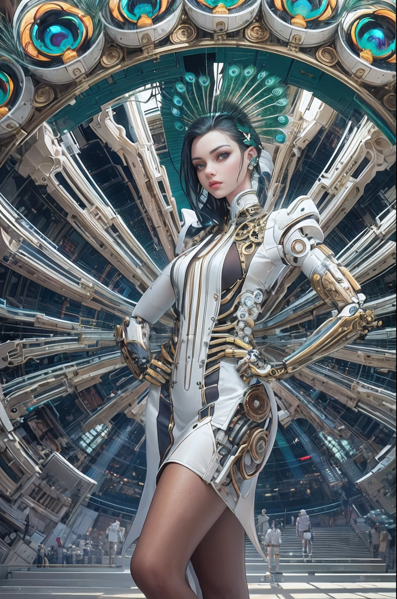 (Front Shooting，full body pov，Cover the entire background with peacock feathers and futuristic mechanical structures，Circular structure，symetrical composition)，Full body photography of a girl，facing at camera，standing on your feet，Solo，Robotic arm，Mechanical joints，Peacock feathers，Ultra-modern futuristic style，Colorful illustrations，Detailed details,3Drenderingof