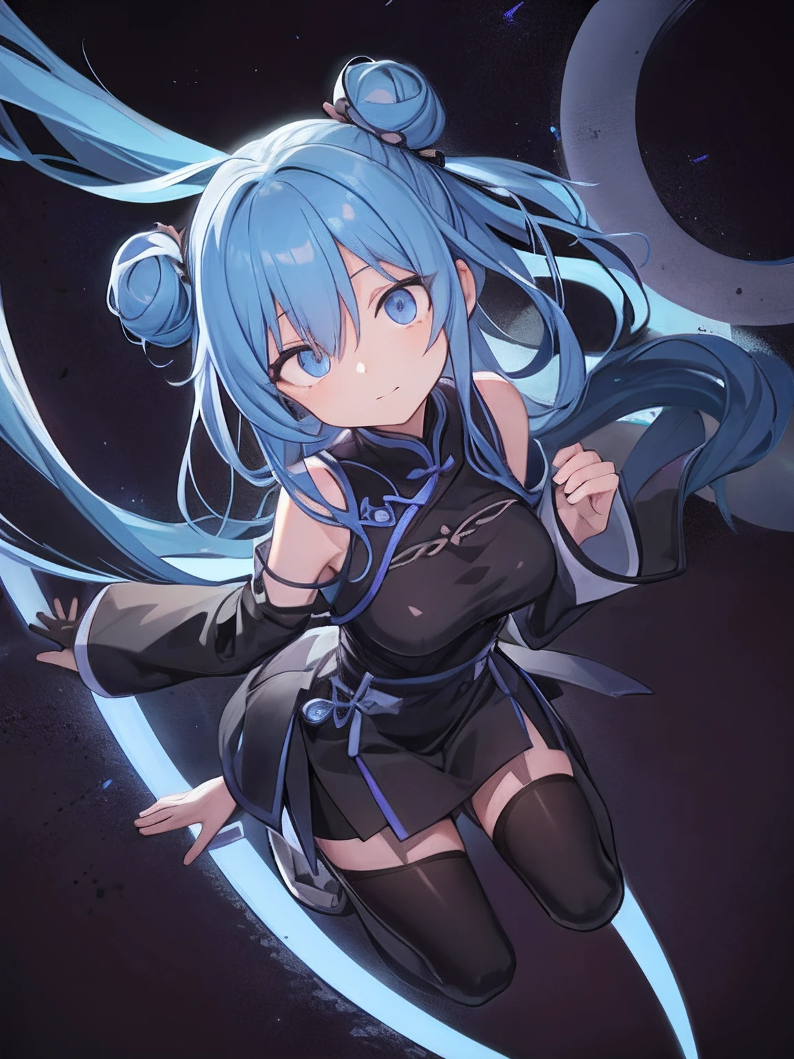 (masutepiece, Best Quality, hight resolution:1.2), 1girl in, medium breasts, slim, Yuri, Night, (Dark lighting:1.4), apartament, side lights, Double bun, Light blue hair, Long bangs, hair over eyes, Blue eyes, (Empty eyes:1.3), shushing, qipao dress, Wide sleeves, lightsmile, Closed mouth, straight-on, Full body, Look outside