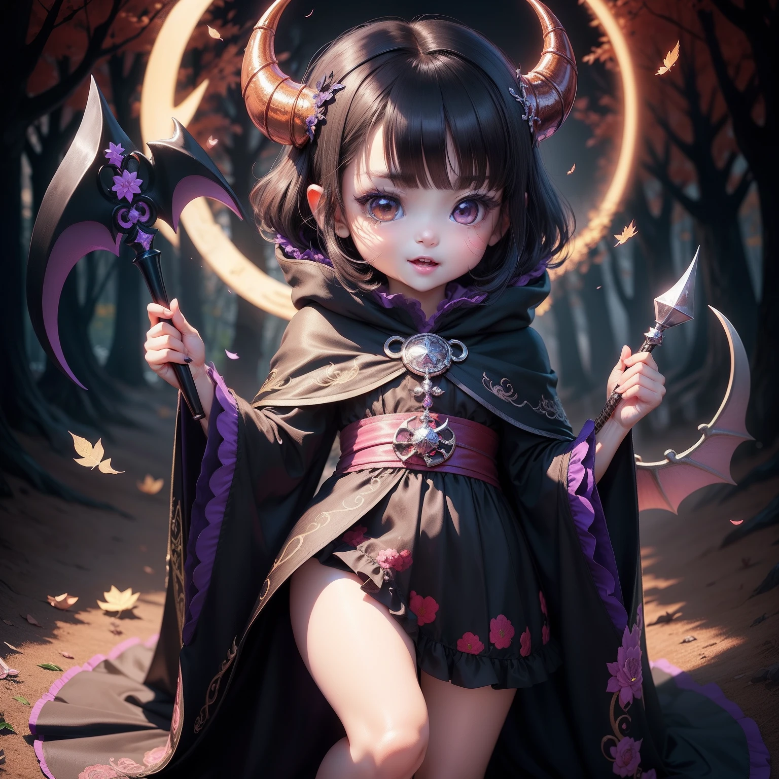 Cute  Chibi Anime,Super masterpiece, top-quality, Ultra-detailed, girl1、(((Chibi Devil)))、Black shorthair、Open your mouth and smile、A detailed face、Luxurious embroidered costume in black and purple、black cloak、Holding a long-handled sickle in his hand、Fairytale autumn forest、