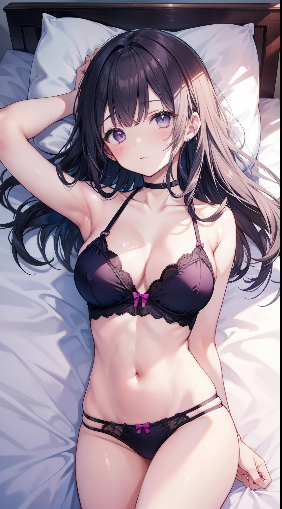 masutepiece、hight resolution、1girl in、in one's underwear only、Dark purple lingerie、large full breasts、Lying on your back in bed、Cute anime illustration、