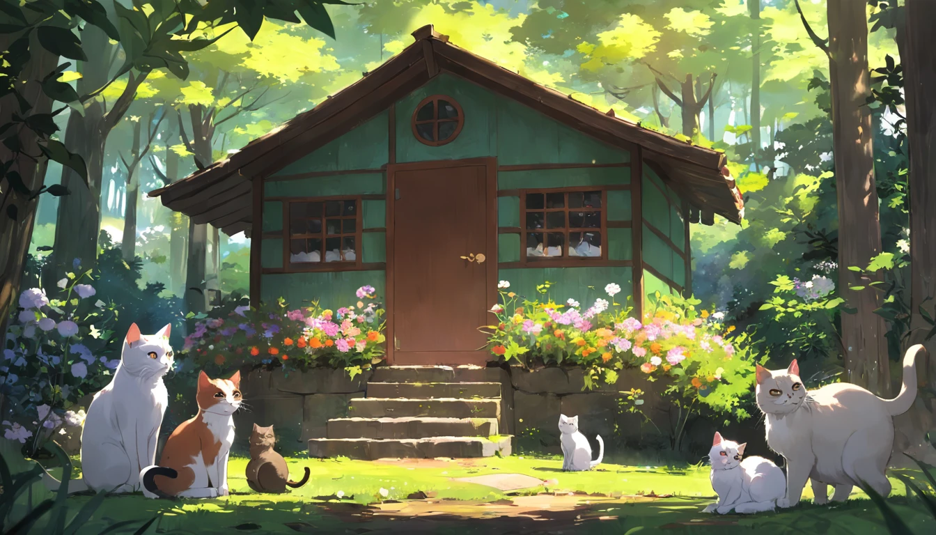 casinha na floresta com muitos gatos, com muitas flores