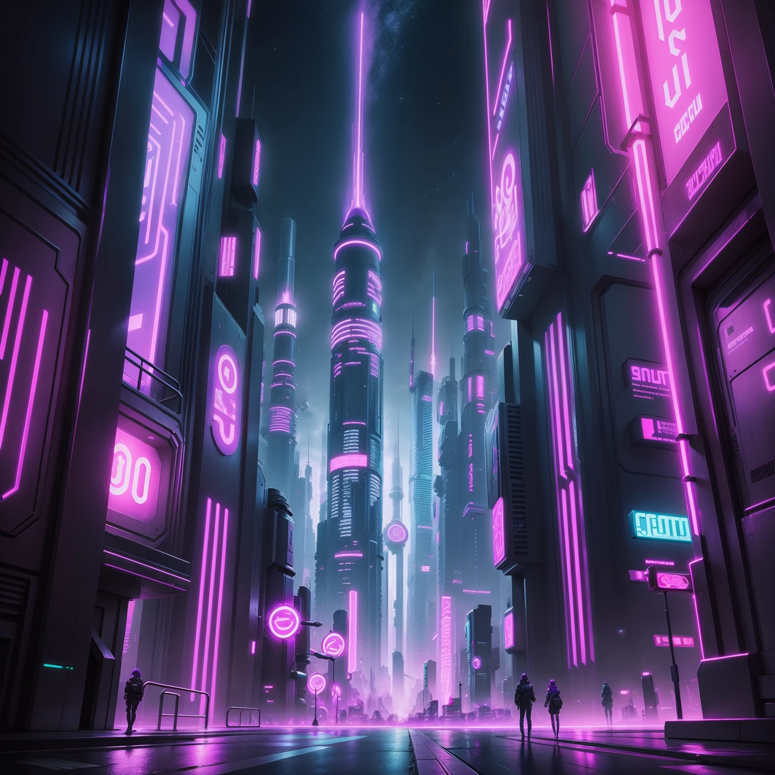 futuristic city with neon bright purple, money