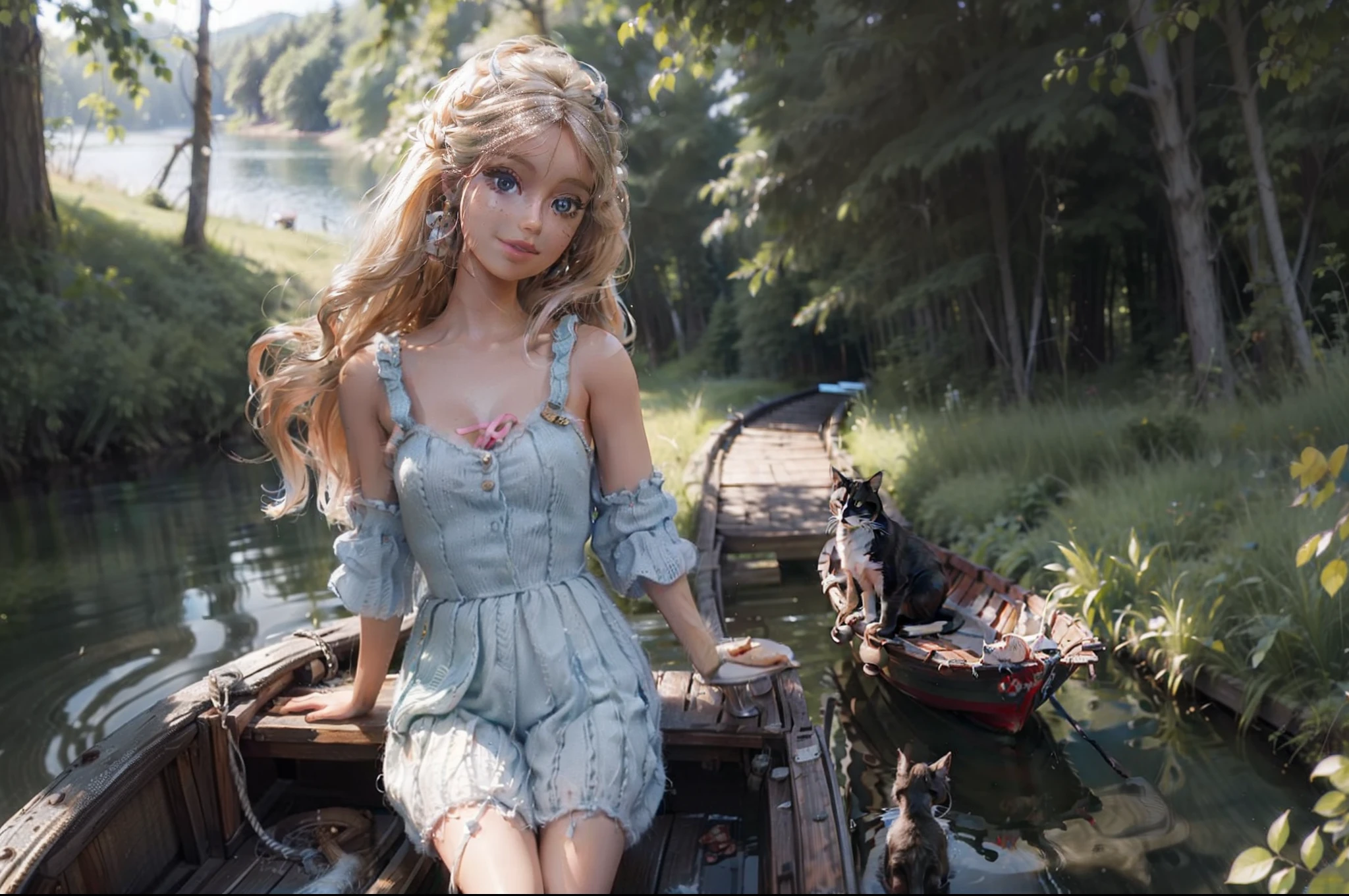 Barbie sailing on a old wodden boat, fishing, cat, lake surrounded by forest as background, summer day, sunny day, highly detailed. Photorealistic.