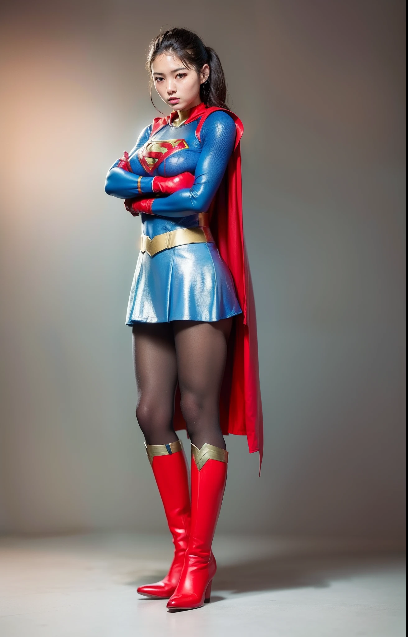 (((Make the most of the original image)))、(((Supergirl Costume)))、(((lustrous dark hair)))、(((Suffering)))、(((Feet must necessarily be worn with black tights)))、(((You need to wear red boots)))、((Top image quality、8K))、((top-quality、8K、​masterpiece:1.3))、Crisp focus:1.2、Beautiful woman with perfect body shape:1.4、Slender Abs:1.2、((layers-Cut、large boob:1.2))、a wet body:1.5、Highly detailed facial and skin texture、