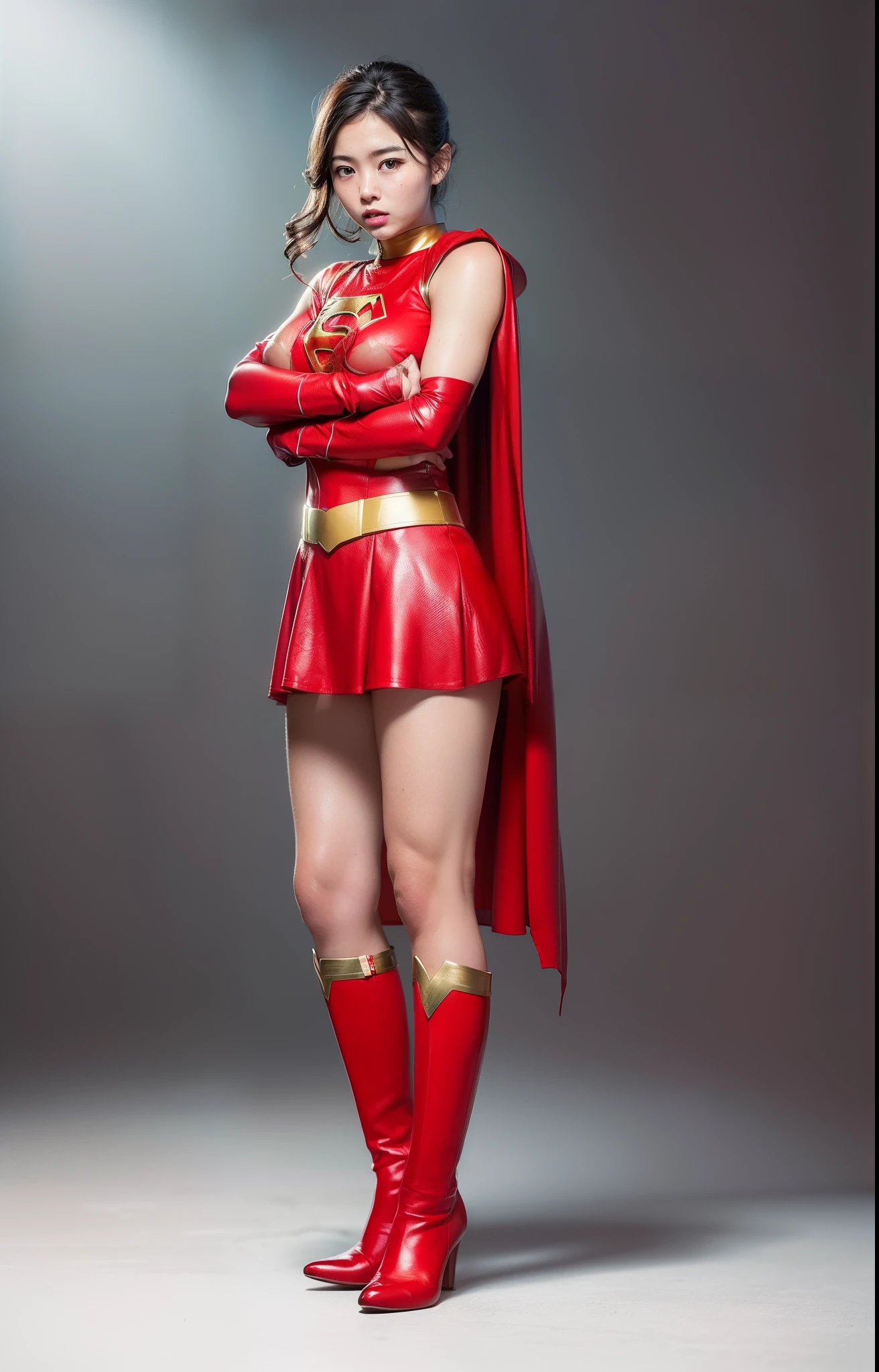 (((Make the most of the original image)))、(((Supergirl Costume)))、(((lustrous dark hair)))、(((Suffering)))、(((Feet must necessarily be worn with black tights)))、(((You need to wear red boots)))、((Top image quality、8K))、((top-quality、8K、masterpiece:1.3))、Crisp focus:1.2、Beautiful woman with perfect body shape:1.4、Slender Abs:1.2、((layers-Cut、large boob:1.2))、a wet body:1.5、Highly detailed facial and skin texture、