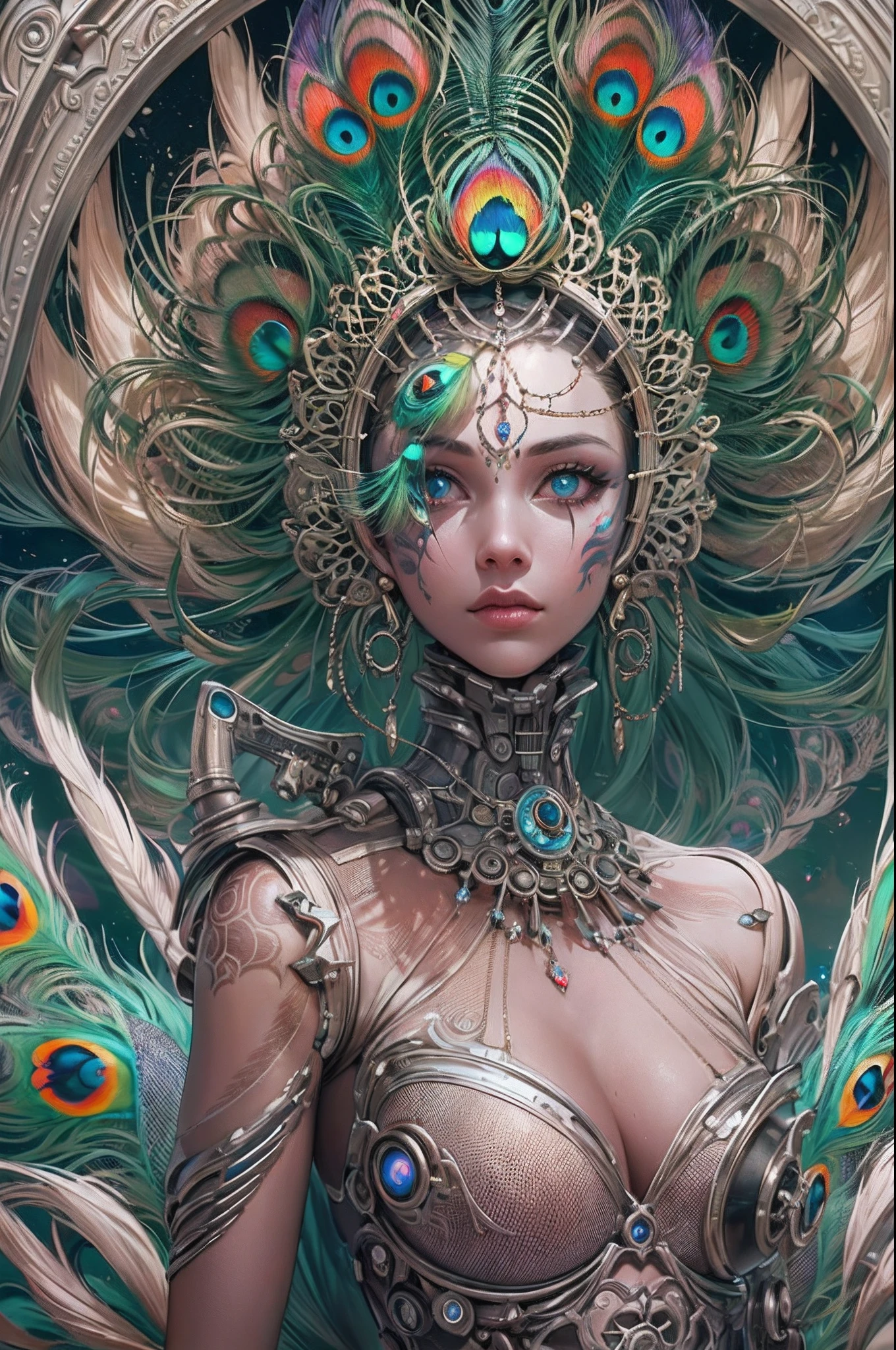 (Front Shooting，full body pov，With peacock feathers and futuristic mechanical structures to cover the entire background，Circular structure，symetrical composition)，Full body photography of a girl，Robotic arm，Mechanical joints，Change the flesh，Peacock feather tattoo，style of surrealism，Colorful picture，Detailed details,3Drenderingof