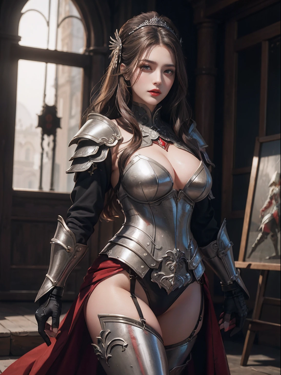 tmasterpiece，A high resolution,Absolutely beautiful，a mature female，Fine and detailed eyes and detailed face，Tall and tall，She wears metal armor，Full coverage armor，Armor pants，Armor boots，Show the armor look、Shogun， allure：（Tall：1.4），haughty，Mature temperament，Ruby eyes，Apply blood-red lipstick to your lips，（Wide buttock：1.4），（Thick thighs：1.4），Majesty，Rich scene detail，In the midst of the war，are standing，action