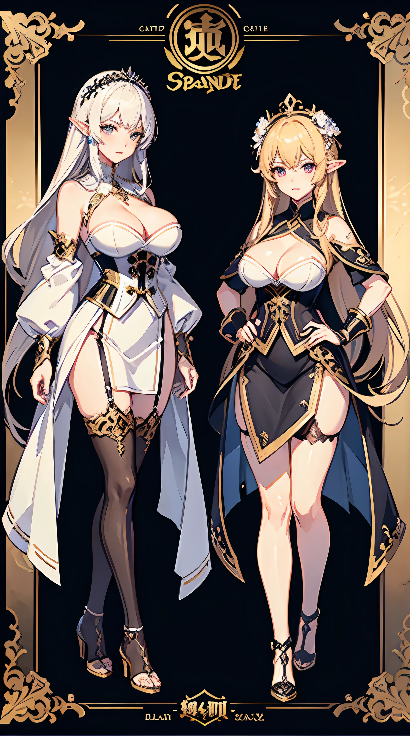 character reference sheet, character design, blade and soul character, 4k，1 woman, high quailty，highdetail，Role drawings，costume influenced by granado espada and blade and soul games, Information drawings，Entire body，British style，very detailed anime like eyes, very detailed eyes, elven queen women's clothing，crown, floral wreath, More mature women，blonde-white curls to the waist，Hairpins，tight corset，Lace trim，gauntlets, cleavage, cleavage，Asymmetrical stockings，offical game artwork.