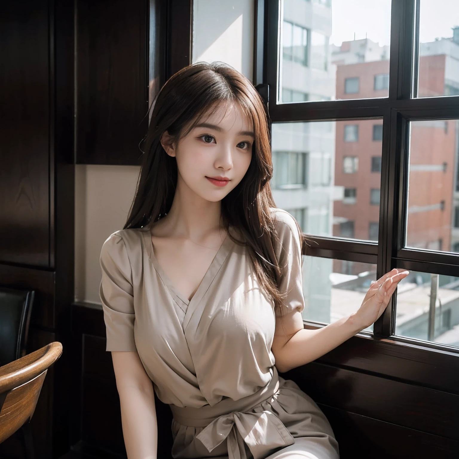 There was a woman standing in front of the window looking out, Beautiful woman in her 20s,(Soft smile),A smile,thinking pose, thoughtful expression, A well-thought-out vision, Thoughtful ), thoughtful pose, Thoughtful, sidewayglance, A young Asian woman, pensive expression, sitting in a café, Young Asian woman, cute young woman, she has a distant expression, profile pose, best qualtiy,extremely detailed CG unity 8k wal,电影灯光,ssmile,