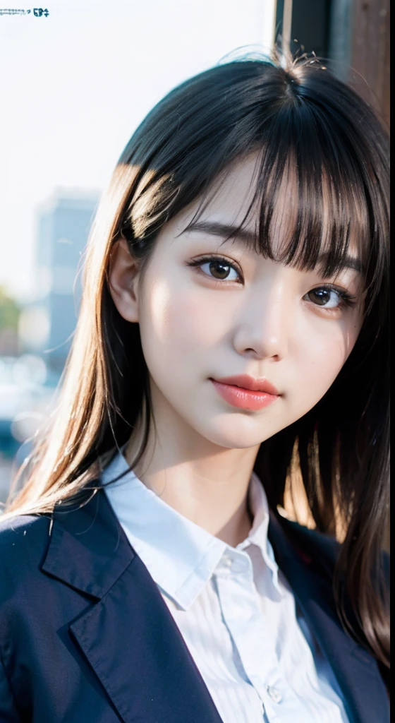 ulzzang -6500-v1.1, (Raw foto:1.2), (Photorealsitic:1.4), a beautiful detailed girl, extremely detailed eye and face, Oversized smile,beatiful detailed eyes, Ridiculous, Frontal Face,head shot, Front view, unbelievable Ridiculous, huge filesize, ultra-detailliert, hight resolution, ighly detailed, top-quality, ​masterpiece, Kemomimi, ((Japanese girls' high school uniform)), illustratio, ighly detailed, nffsw, unification, 8k wallpaper, magnifica, finely detail, ​masterpiece, top-quality, Highly detailed ticker uniform 8K wallpaper, Light on the Face、电影灯光、16yo girl,In the city