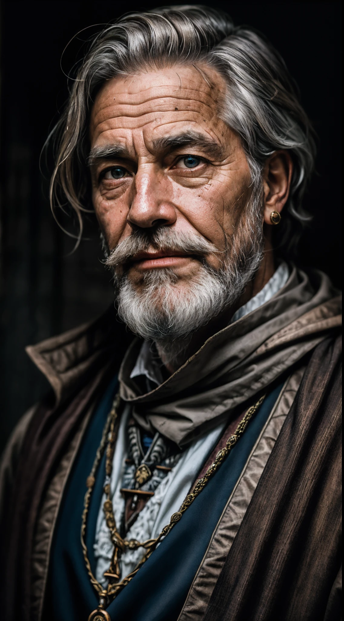 A portrait of a wizard, bearded, wrinkled, weathered, with piercing eyes, detailed face, high details, photography, dark studio, rim light, Nikon D850, 50mm, f/1.4