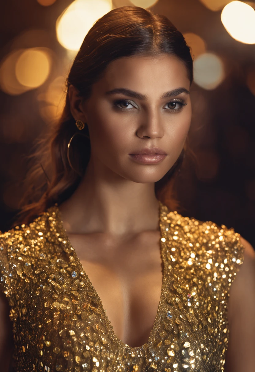 Uma imagem de uma rapariga de 30 anos vestida com roupa em ouro e diamantes, The background will be an atmosphere of gradient primary color photographed with a professional full frame camera, Using a portrait lens with soft and atmospheric lighting - - V 5 --AR 16:9
