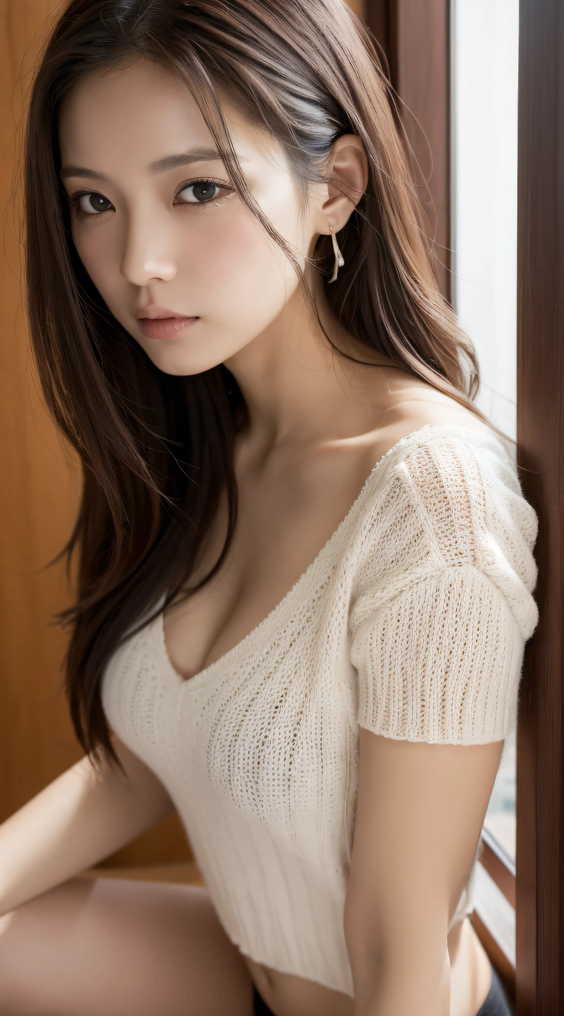 Beauty, Detailed facial features, Perfect figure, Elegant Japanese Goddess, Gorgeous Chinese Model, Realistic and vivid, Earrings, Fashionable and young々Shii, Solo Portrait, Close-up photography, Brown Hair, Highest quality, 4K, 8K, High definition, masterpiece, Super Detail, Vibrant close-up portrait in color, Studio Lighting, Physically Based Rendering, Sharp Focus, Professional photographer, Blonde, uniform, Pull-up, White T-shirt,gray V-neck-sweater,nfsw,nude