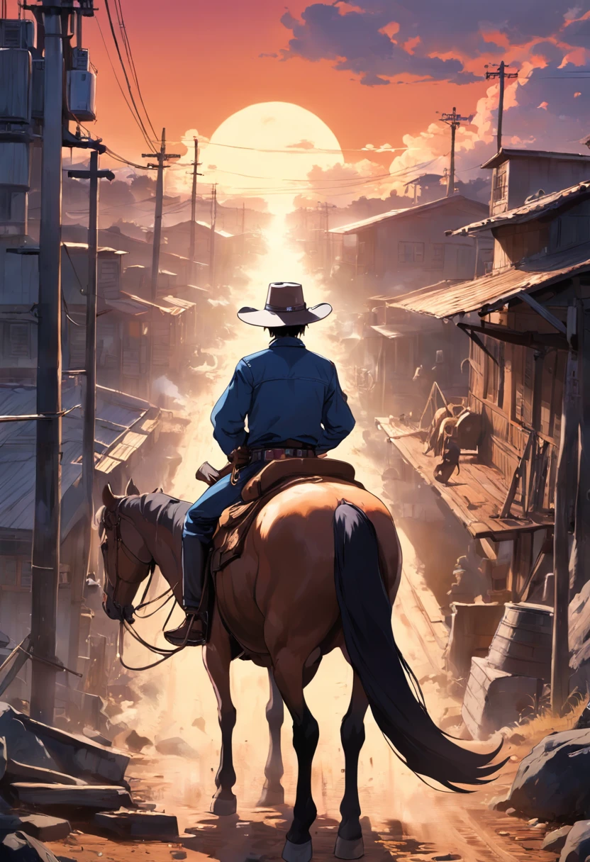 There is a man on a horse in front of a moving train, Andar a cavalo na lua, Vaqueiro, Cowboy na Faixa, Foto traseira de um cowboy, No Velho Oeste, O Cowboy no Estranho Oeste, Velho Oeste, Lone guard, sonho de vaqueiro, quadrinhos ocidentais inspirados, lonely rider, Directed by: Cíntia Wright, space western, Fotografia Moonwalker