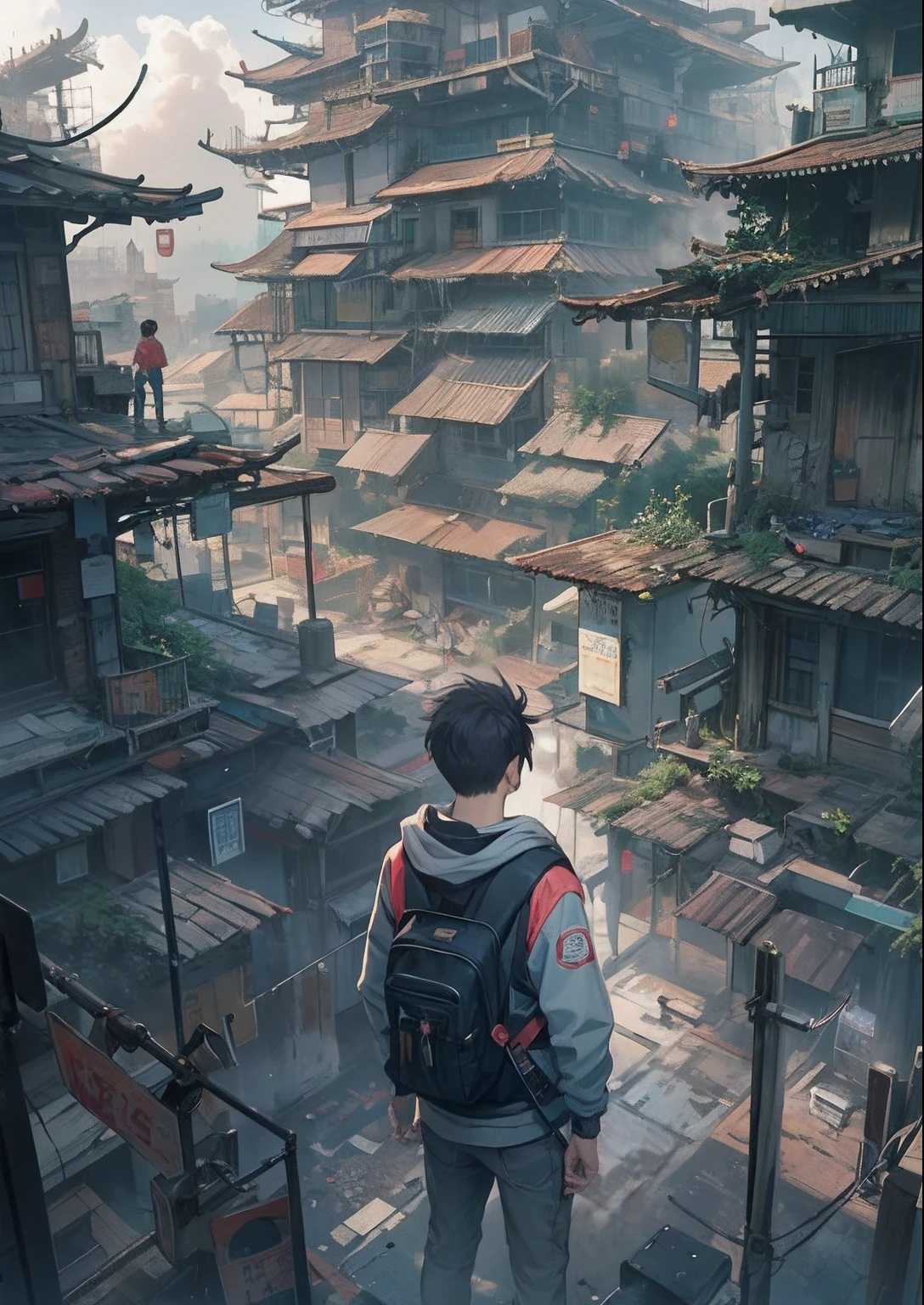 1boy,a 13 yo boy、Cyberpunk Boy、machine gun、aiming at viewer,Spiky hairstyle、Whole body bloody、Back lighting,The beginning of the adventure、Lots of clouds,heavy fog、Chaotic city of the future、ruined and devastated city、dystopian、A very complex group of Chinese buildings stands in the center、Highly complex Chinese buildings、dim lighting、puddles、Chaotic landscape、Beautiful and fantastic scenery、Cinematic scenery、hightquality、masutepiece,8K、hight resolution、ultra-detailliert,