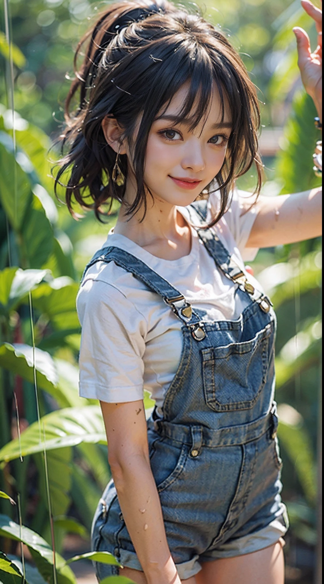 NSFW, 1girl in, Well-formed face, Ideal ratio body proportions, Sunnyday, (((Long trouser overalls))), (((sleeveless t shirt))), Wet, Torn clothing, Smiling smile, de pele branca, A slender, Dark hair, short-hair, beauty legs, Small buttocks, surrealism, Cinematic lighting, depth of fields, One-person viewpoint, F/1.8, 135 mm, canon, nffsw, masutepiece, ccurate, Anatomically correct, Textured skin, Super Detail, high details, High quality, awardwinning, Best Quality, hight resolution, 1080p, 4K, 8K