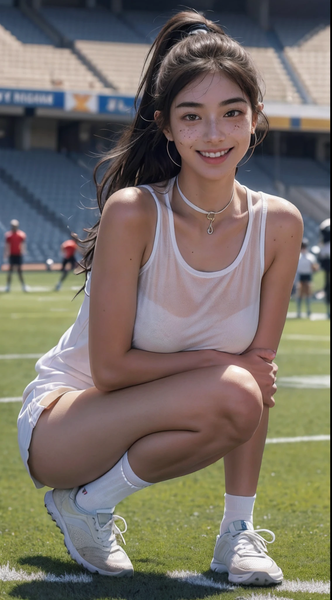 Sports girl,youthfulenergy,hands behind body,Sunny happy smile,In the middle of the football field,Moles in the corners of the eyes,and freckles on his face,sweat profusely,Wearing sweat,Sweat soaked clothes,ear jewelry,choker necklace,There are moles at the corners of the mouth,very vey very detailed face,Delicate and delicate facial features,full body moles,Dirty sneakers,Very dirty sneakers,Old sneakers,whitestocking,long white socks,Thick pubic hair,Pubic hair is exuberant,Lots of pubic hair,Thick pubic hair,Strong body hair,A foreign body is inserted into the,Super detail, hyper HD, Masterpiece, ccurate, Textured skin, Super detail, High details, High quality, Award-Awarded, Best quality, A high resolution, 1080p