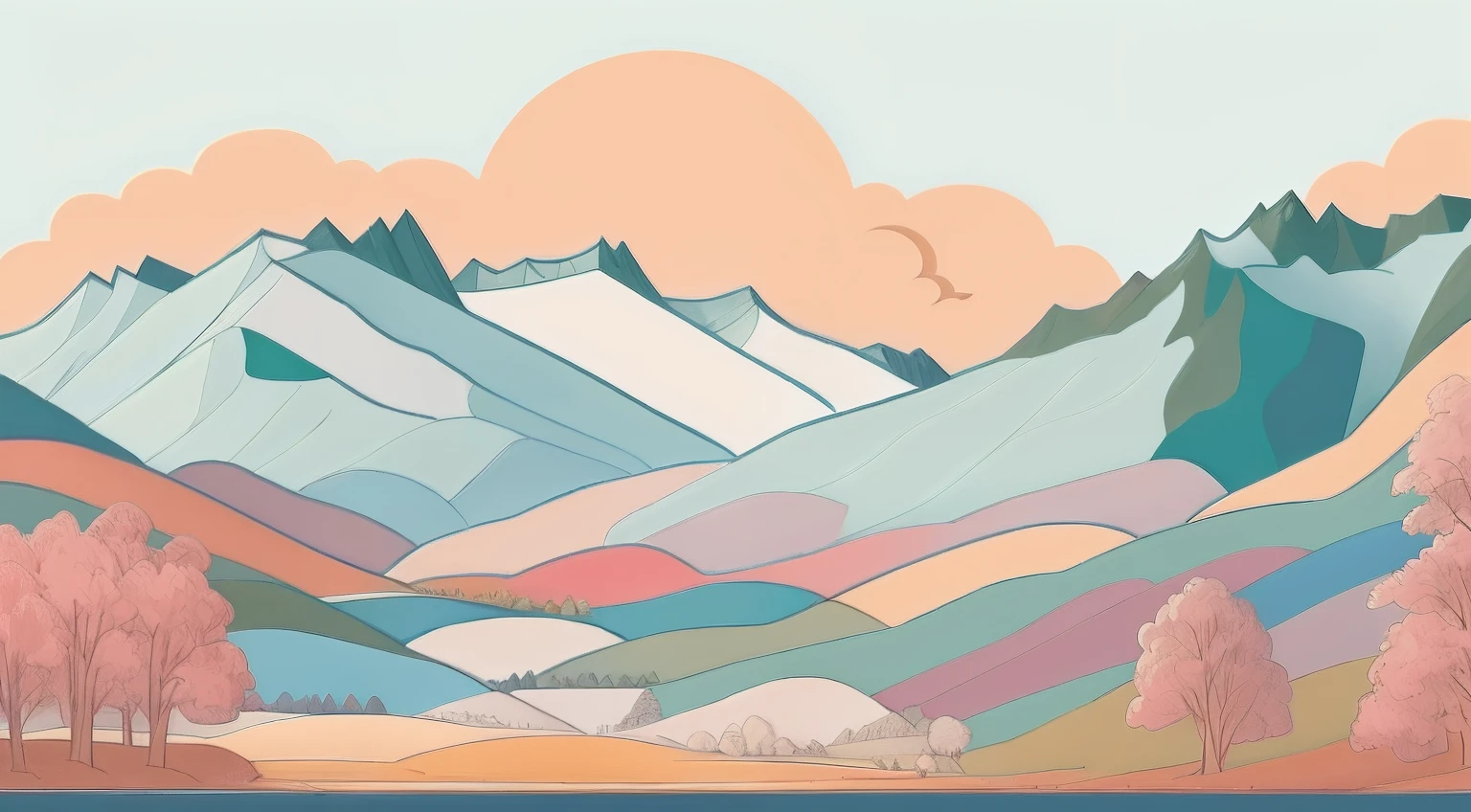 A drawing of a mountain range with trees and mountains in the background, colouring - in sheet, Field Journal Line Art, Dibujo de arte lineal para colorear, hills and mountains, Dibujos para colorear, Illustration of the entire page, landscape illustration, Glacier coloration, stylized linework, full page illustration, Linework altamente detallado, dibujo para colorear, line - art, Colinas que fluyen, Dibujos para colorear
