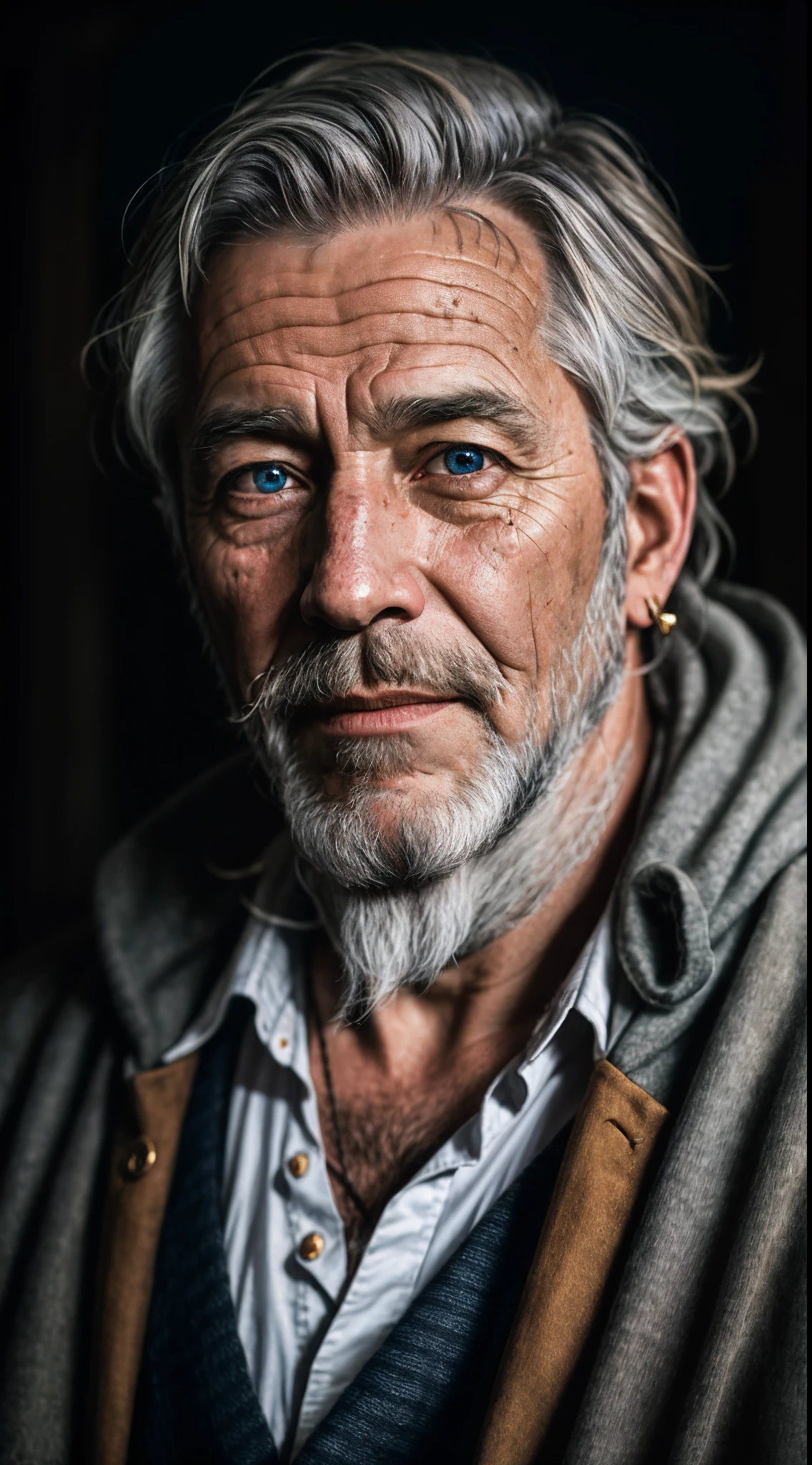 A portrait of a wizard, bearded, wrinkled, weathered, with piercing eyes, detailed face, high details, photography, dark studio, rim light, Nikon D850, 50mm, f/1.4
