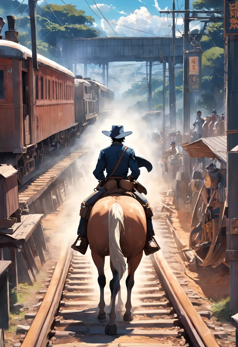 There is a man on a horse in front of a moving train, (trem), Andar a cavalo, Vaqueiro, Cowboy , Foto traseira de um cowboy, No Velho Oeste, O Cowboy no velho Oeste, Velho Oeste, Lone guard, sonho de vaqueiro, quadrinhos ocidentais inspirados, lonely rider, Directed by: Cíntia Wright, space western, Fotografia Moonwalker