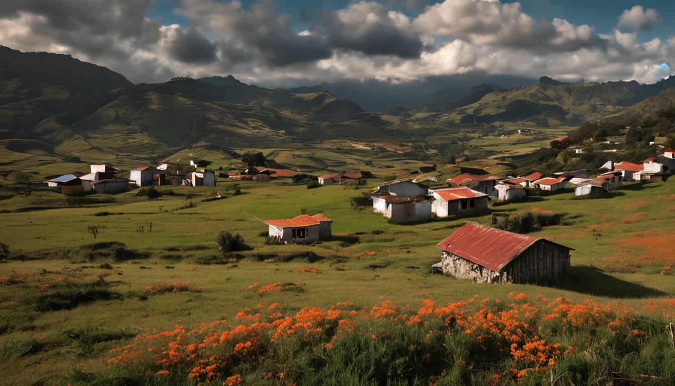Distant village, calma no meio das montanhas. com pequenas casas e um pequeno riacho transparente.