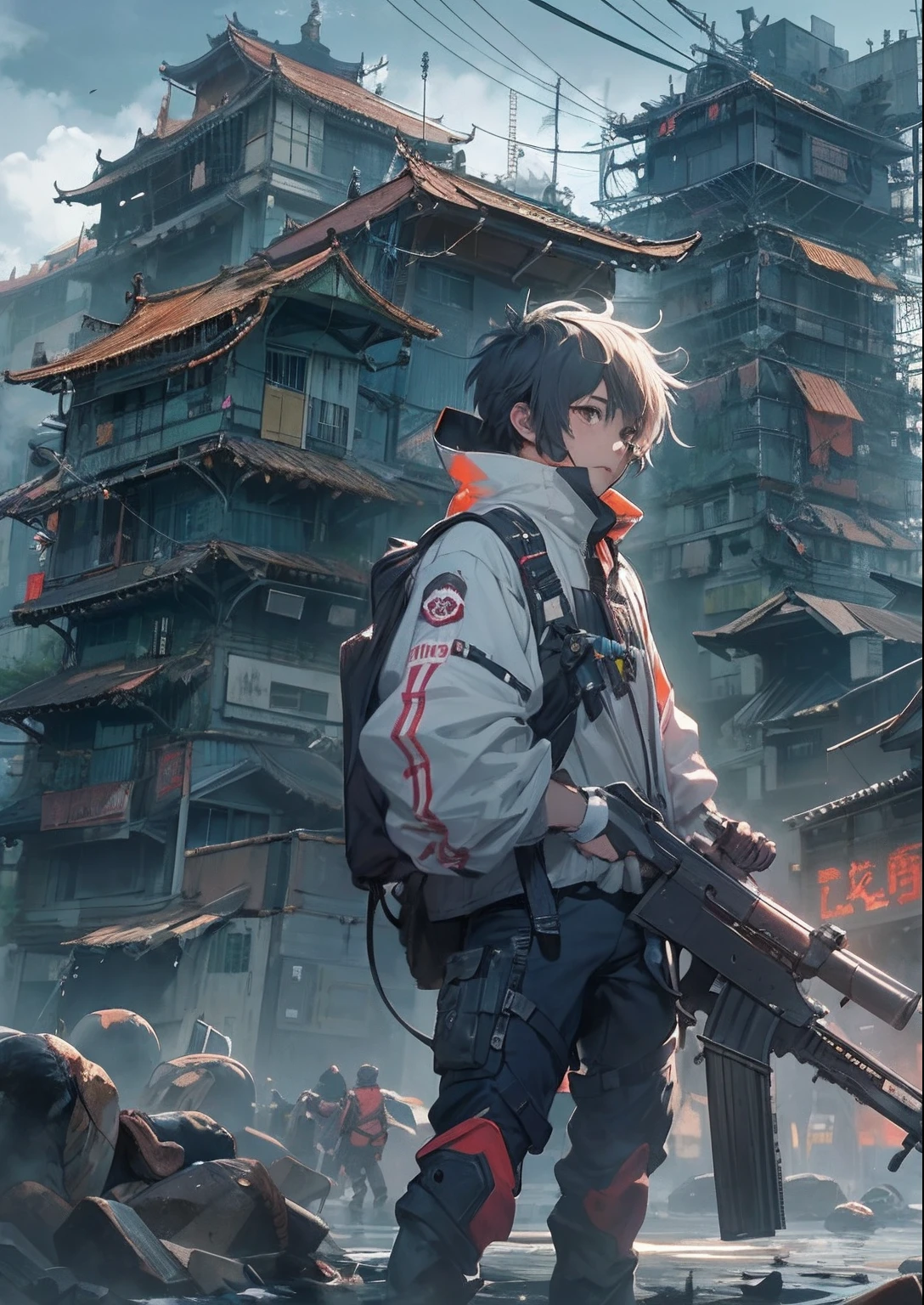 1boy, boy、Cyberpunk Boy、machine gun、aiming at viewer,Spiky hairstyle、Whole body bloody、Back lighting,The beginning of the adventure、Lots of clouds,heavy fog、Chaotic city of the future、ruined and devastated city、dystopian、A very complex group of Chinese buildings stands in the center、Highly complex Chinese buildings、dim lighting、puddles、Chaotic landscape、Beautiful and fantastic scenery、Cinematic scenery、hightquality、masutepiece,8K、hight resolution、ultra-detailliert,